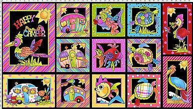 Loralie Happy Camper' Panel 23'' x 44'' on Black Cotton Fabric