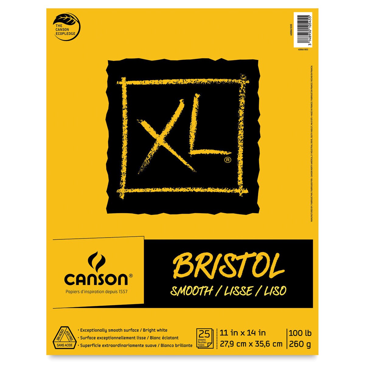 Canson XL Bristol - Pad, 11&#x22; x 14&#x22;, Smooth, 25 Sheets, Tapebound