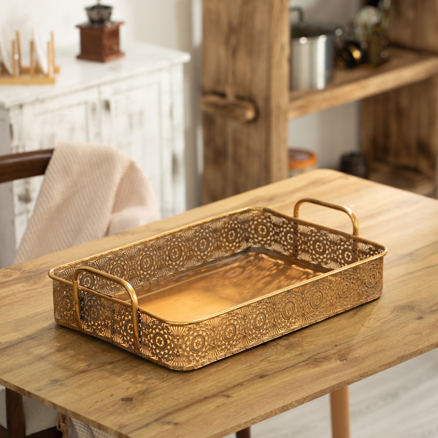 Metal Gold Rectangular Serving Tray with Oval Design and Handles