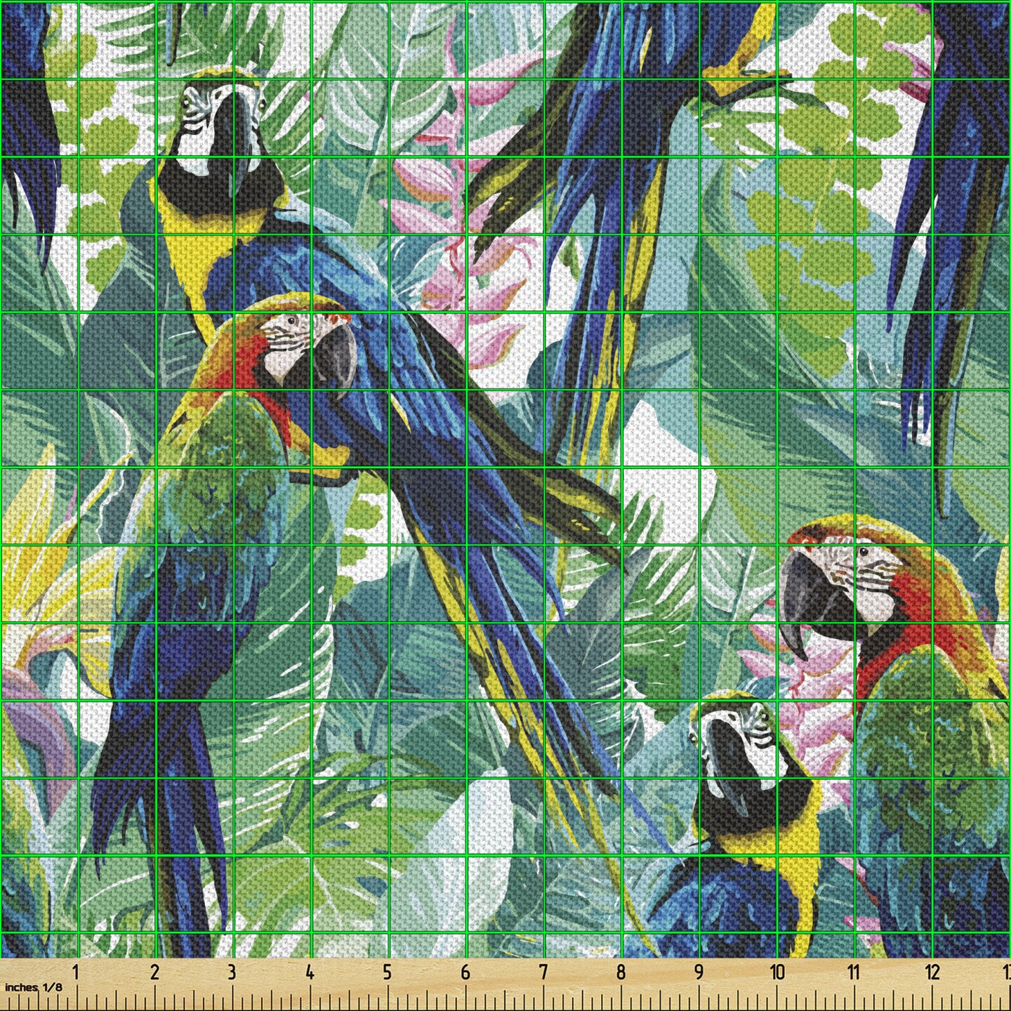 Ambesonne Birds Fabric by The Yard, Portrayal Illustration of Scarlet Macaw Parrots Among Exotic Plants in The Jungle, Decorative Satin Fabric for Home Textiles and Crafts, 3 Yards, Green Blue