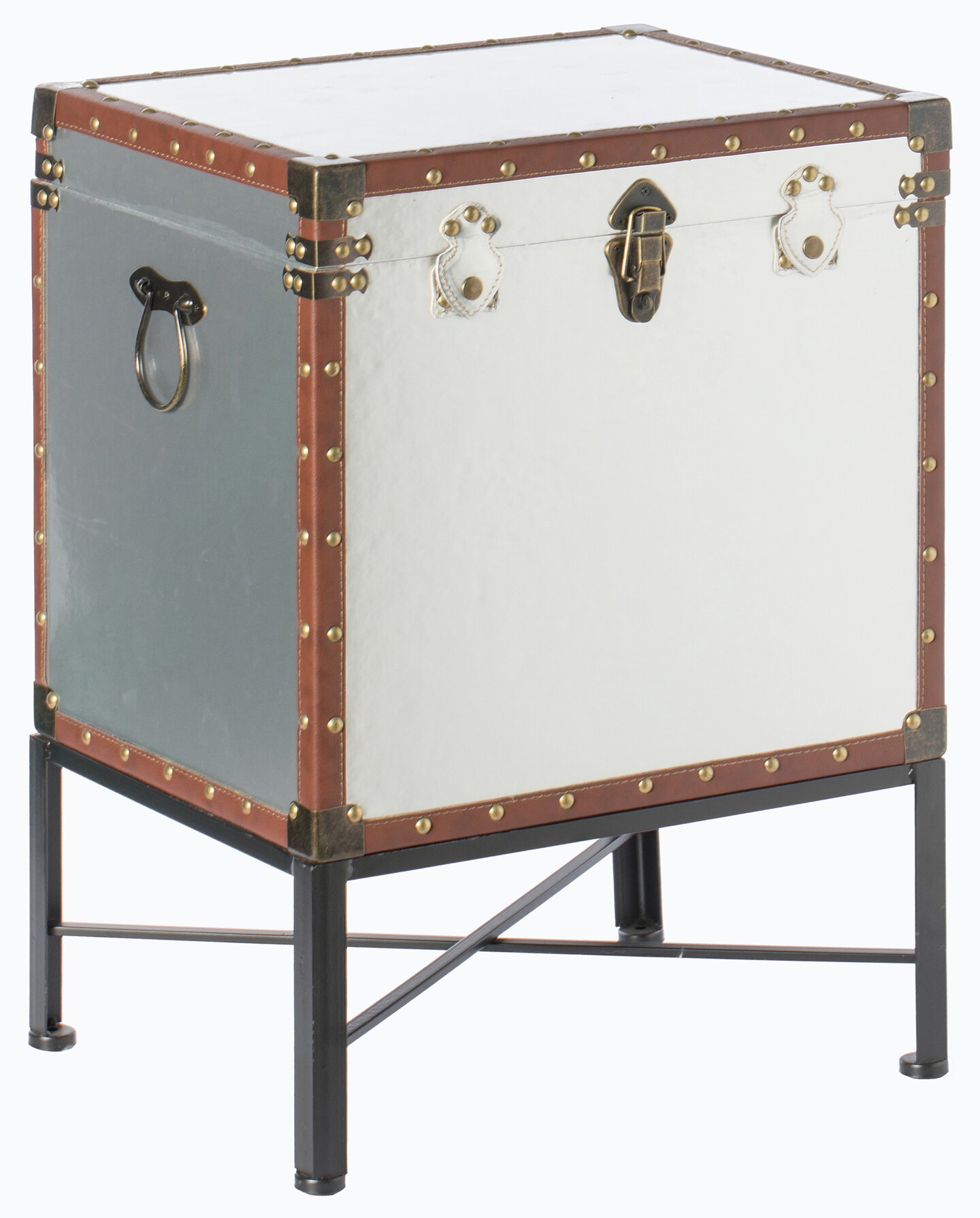 Faux Leather Trimmed Lockable Square Lined Storage Trunk, End Table on Metal Stand