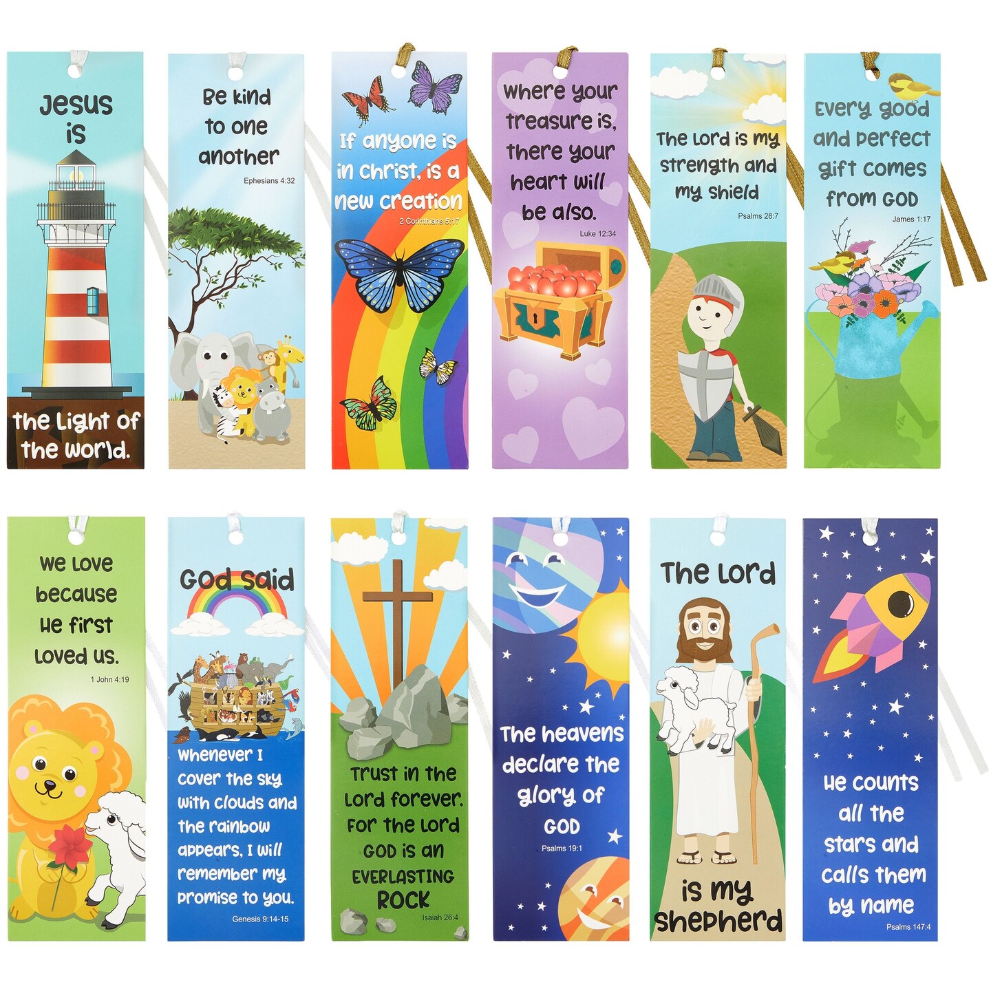 72 Pack Christian Bookmarks Bulk, Religious Scripture, 12 Bible Verse Quotes for Kids (6 x 2 In)