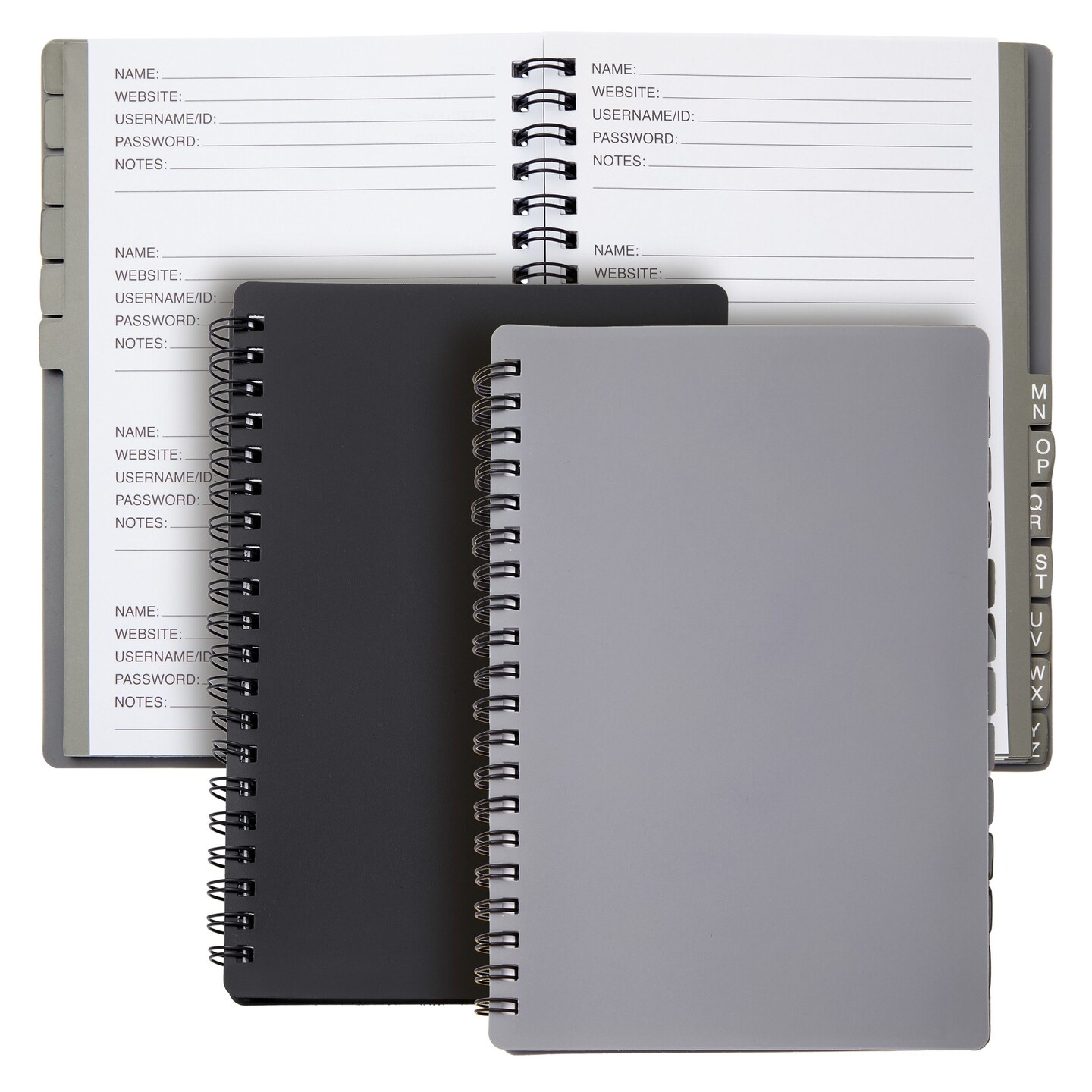 2 Pack Spiral Password Notebook with Alphabetical Tabs, Internet Address Keeper Logbooks, Grey/Black (6x7 In)