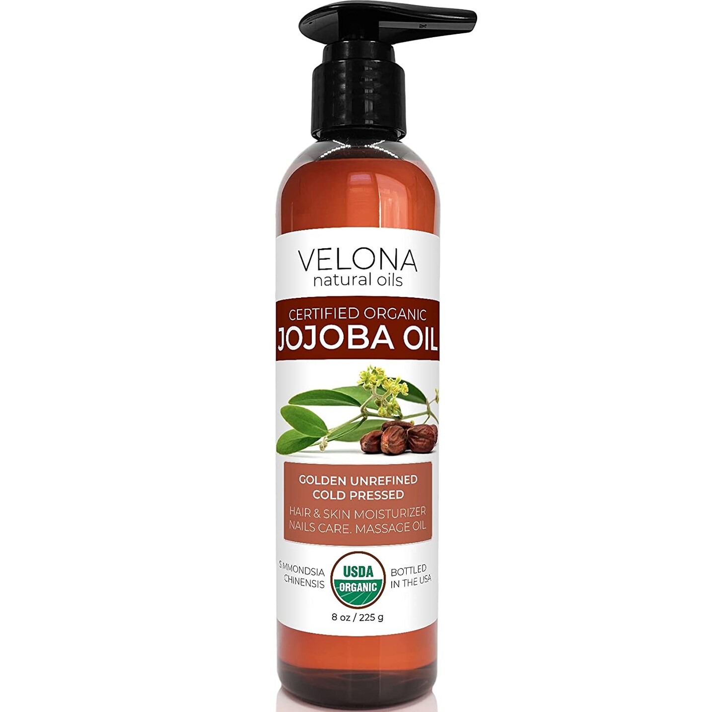 Velona Jojoba Oil USDA Certified Organic - 8 oz | 100% Pure and Natural Carrier Oil| Golden, Unrefined, Cold Pressed, Hexane Free | Moisturizing Face, Hair, Body, Skin Care, Stretch Marks, Cuticles | Use Today - Enjoy Results