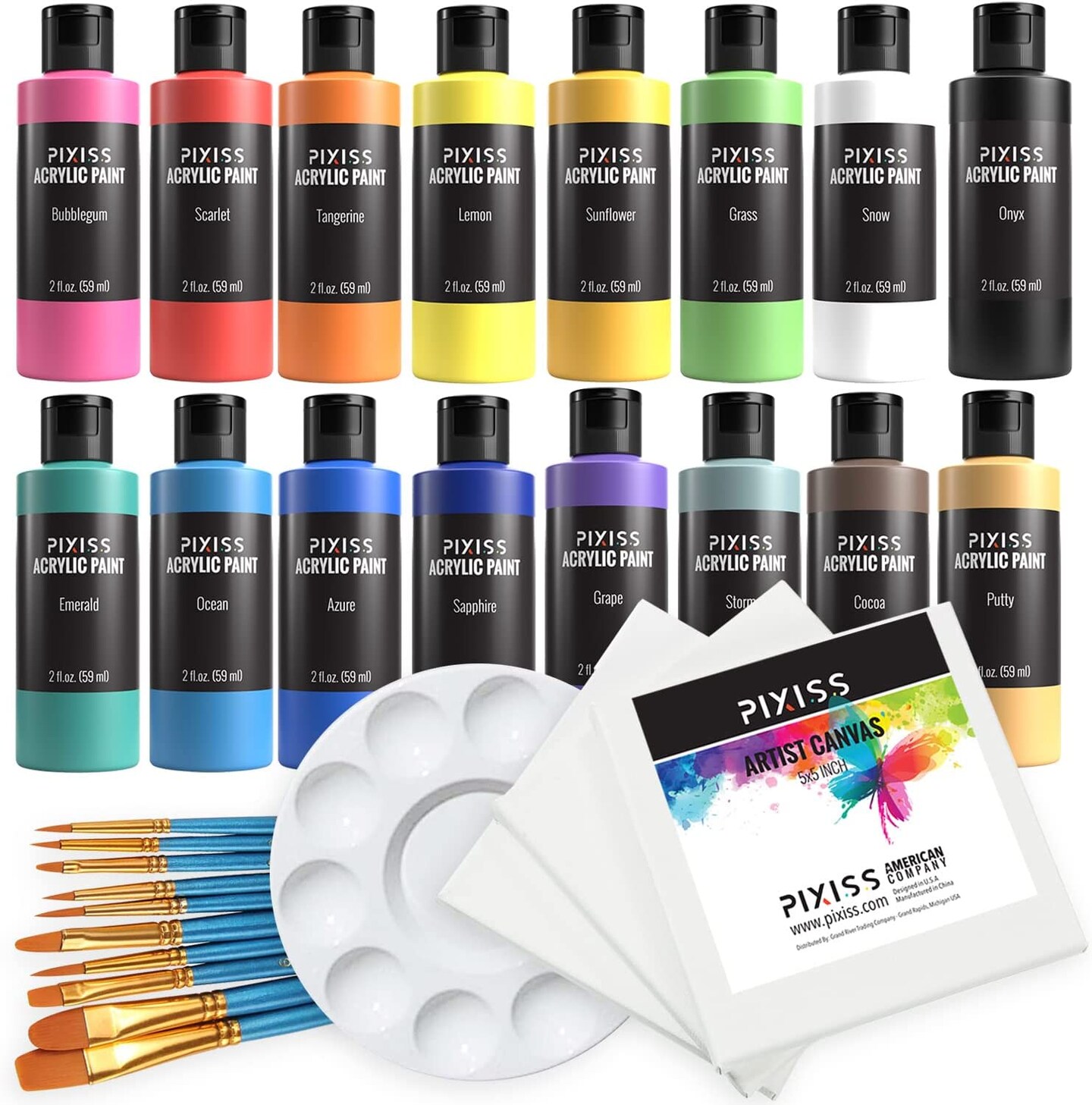 Pixiss Acrylic Paints Set of 16 (59 ml/2floz), 10 Paint Brush, 5x5-Inch Canvases 3 Pack