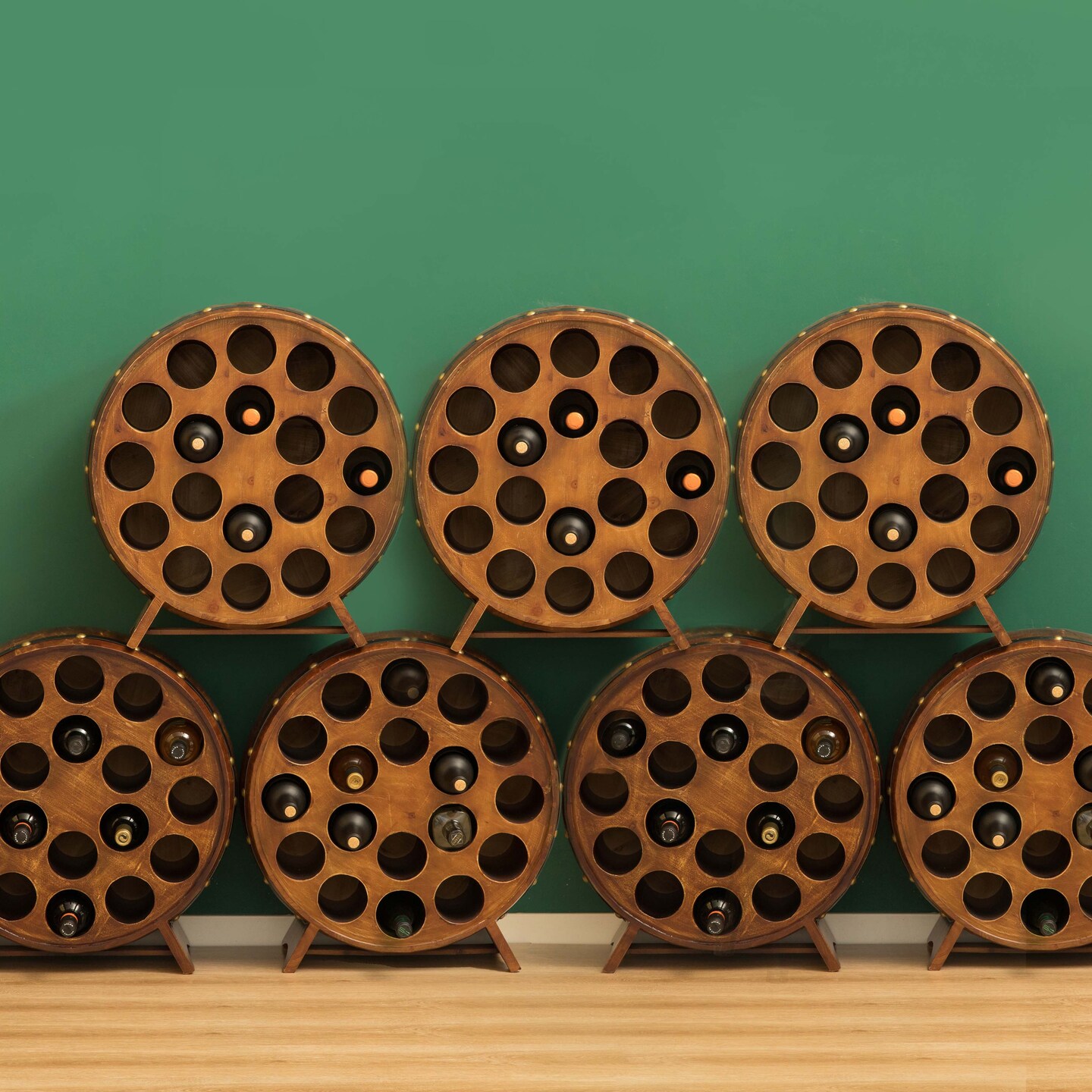 Wooden Stackable Round Shaped Wine Barrel Wine Rack, 1 Rack