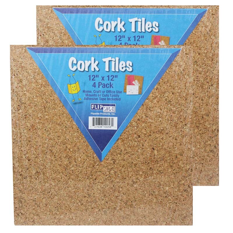 Natural Cork Tiles, 12&#x22; x 12&#x22;, 4 Per Pack, 2 Packs