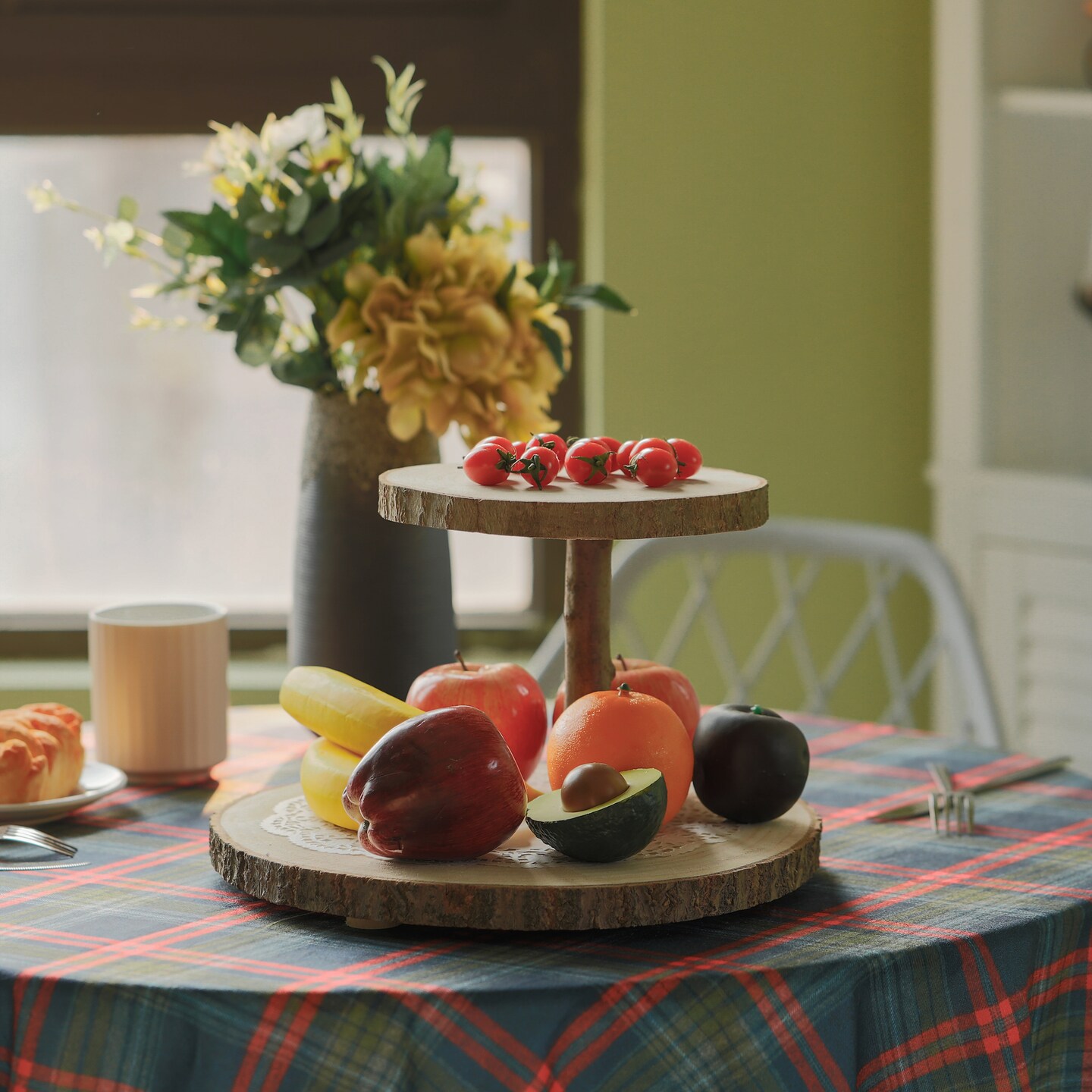 Two Tier Natural Wood Color Tree Bark Server Tray with Rustic Appeal, Two Sizes Trays