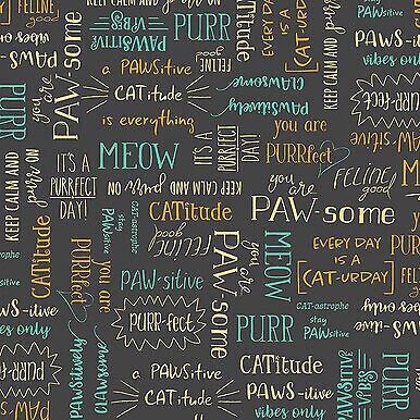 Purrfect Day Purrfect Words on Black Cotton Fabric by the Yard by Windham  Fab