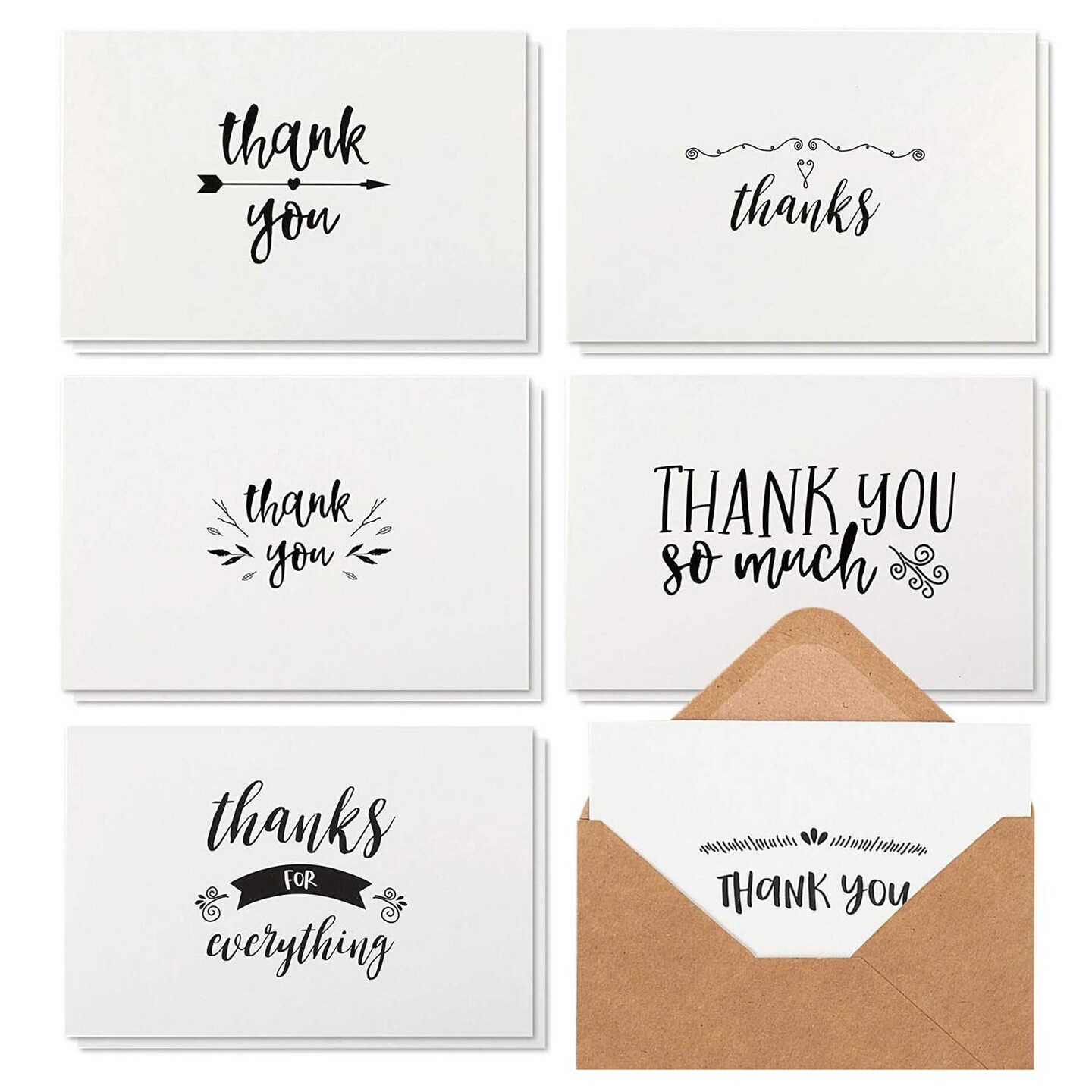 48 Pack Black and White Thank You Cards with Kraft Paper Envelopes for Graduation, Wedding, Blank Inside (4 x 6 In)