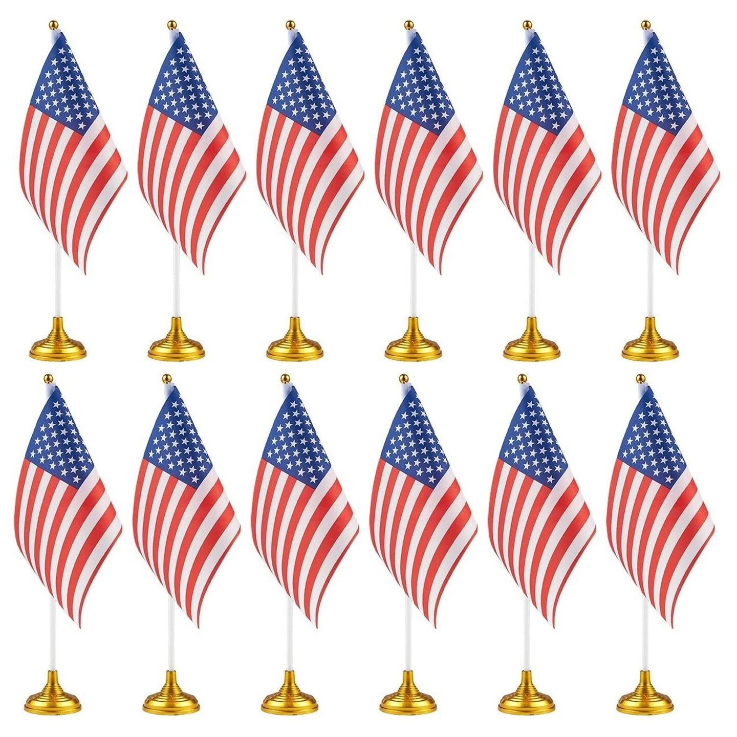 12 Pack Mini American Flags with Stands for Desks, Veterans, 4th of July, Memorial Day Centerpieces for Patriotic Table Decorations (12 Inches)