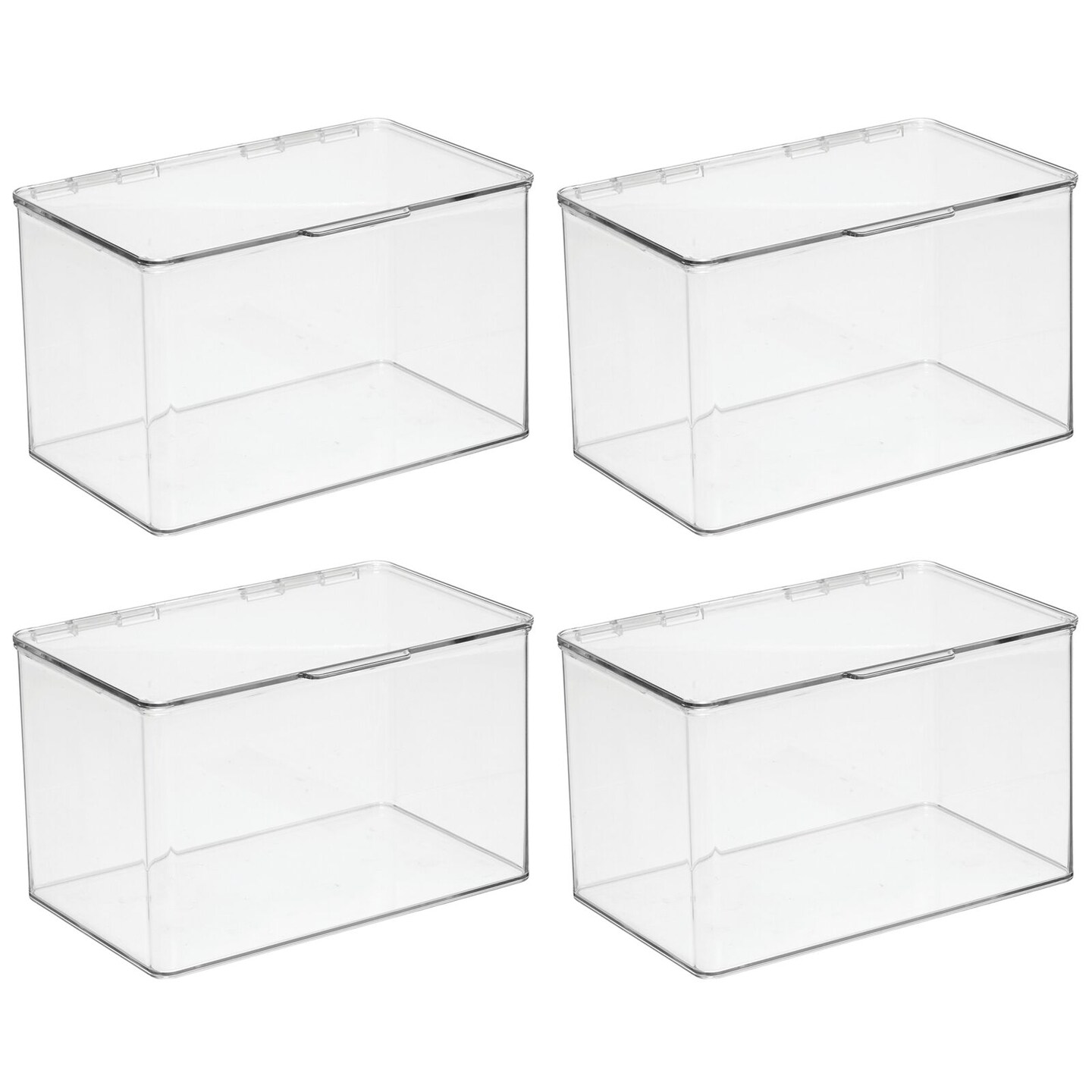 4ct mDesign Plastic Bath Stacking Storage Organizer Box, Hinged Lid, 4 Pack, Clear