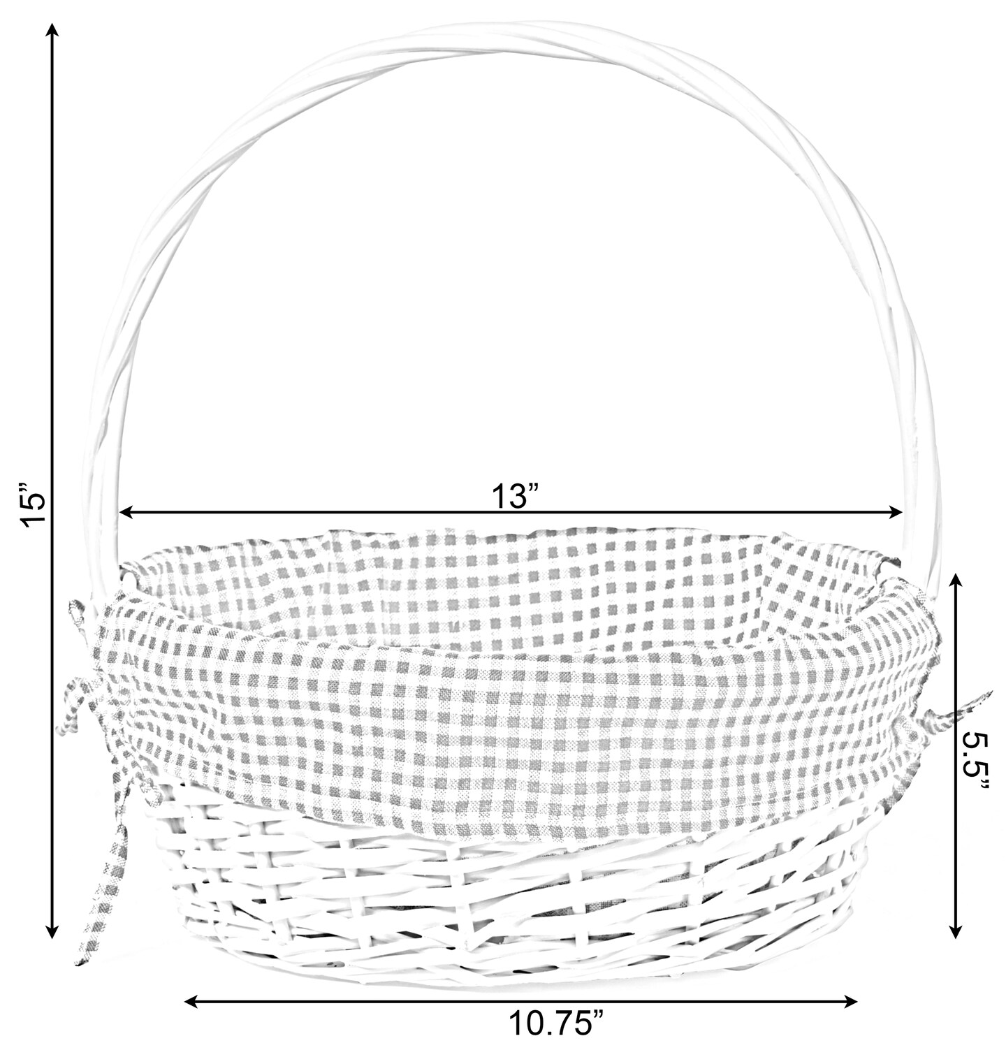 White Round Willow Gift Basket, with Gingham Liner and Handle
