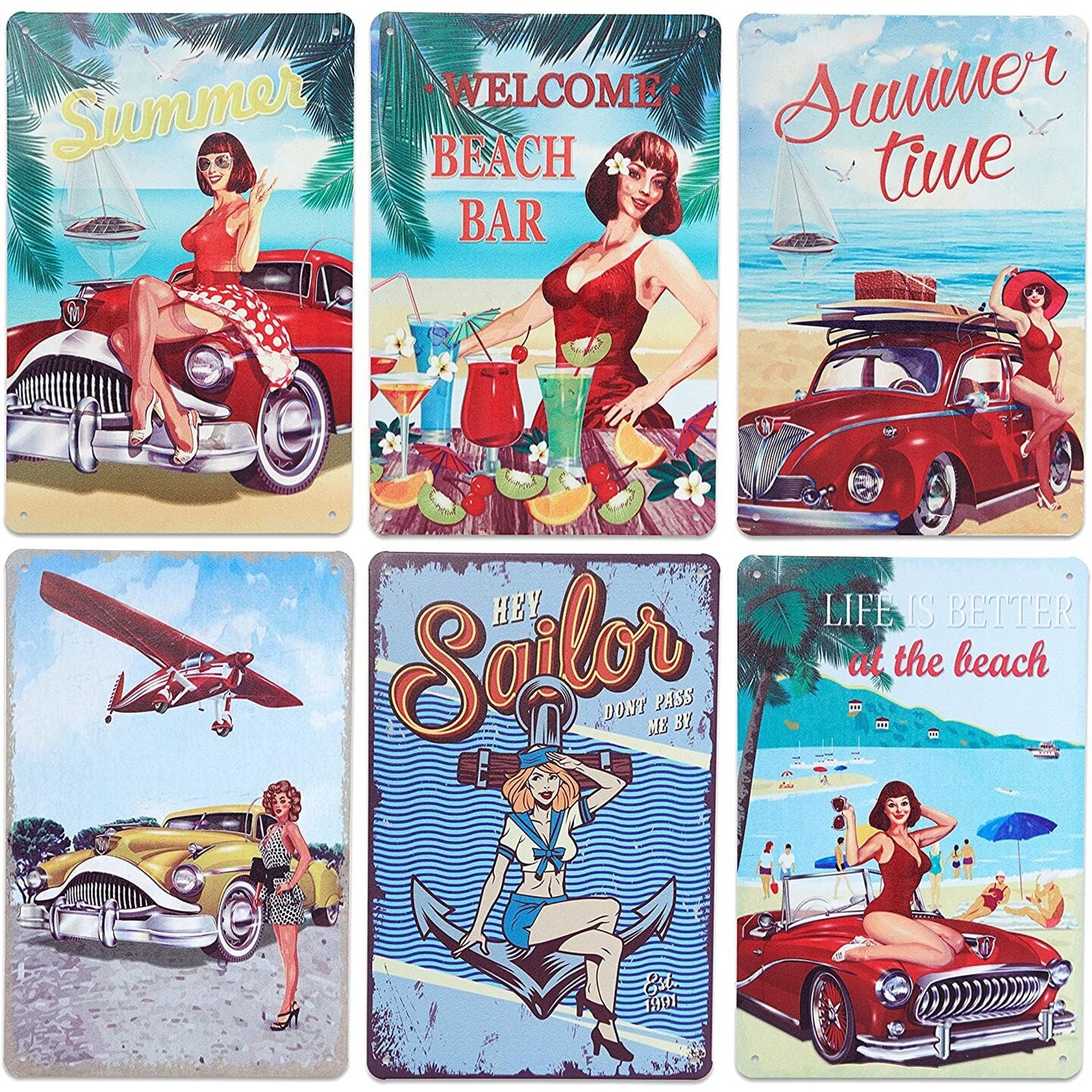 Okuna Outpost Vintage Metal Signs, Pinup Wall Decor (8 x 11.8 Inches, 6 Pack)