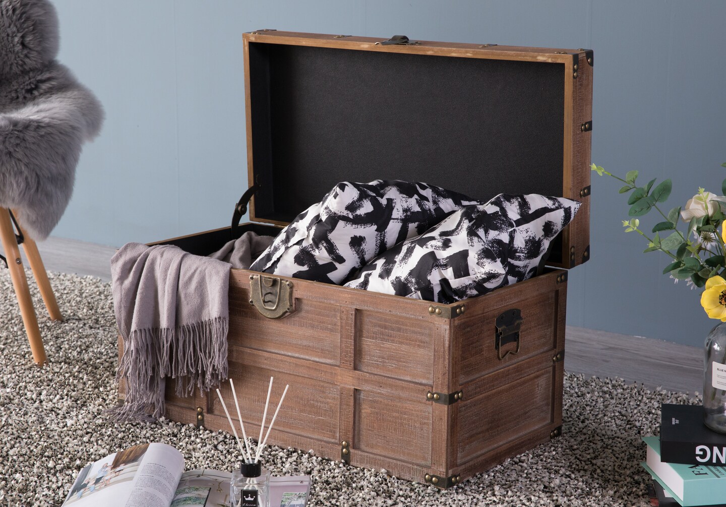 Wooden Rectangular Lined Rustic Storage Trunk with Latch