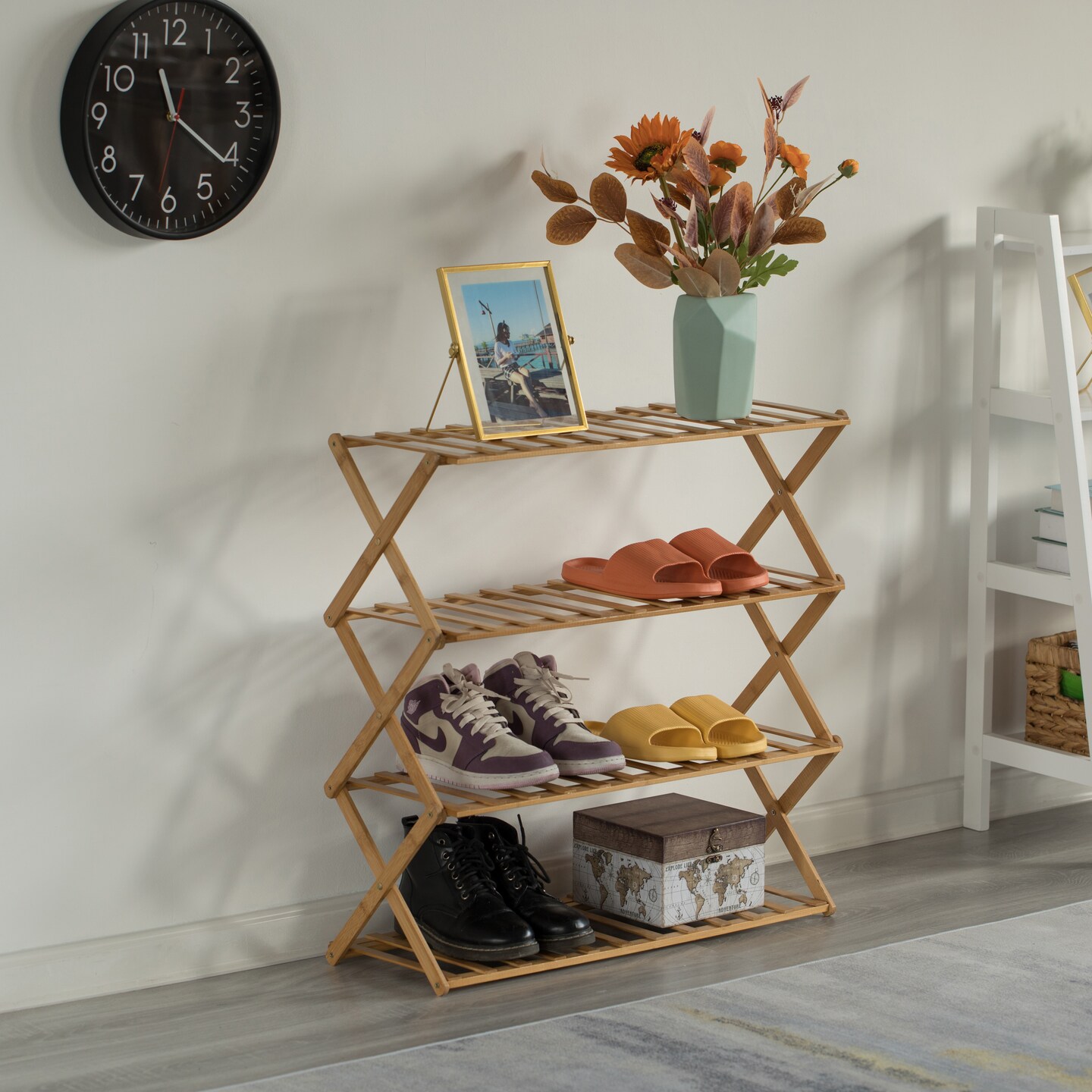 Bamboo Foldable Shoe Rack, Free Standing Shoe Organizer Storage Rack