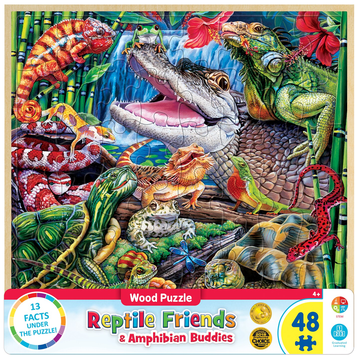 Masterpieces 48 Piece Fun Facts Jigsaw Puzzle for Kids - Reptile Friends Wood Puzzle - 12"x12"