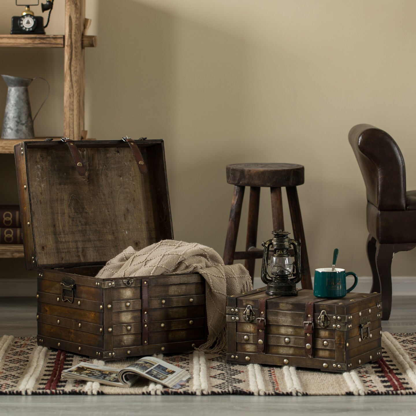Wooden Brown Storage Trunk with Faux Leather Straps and Handles