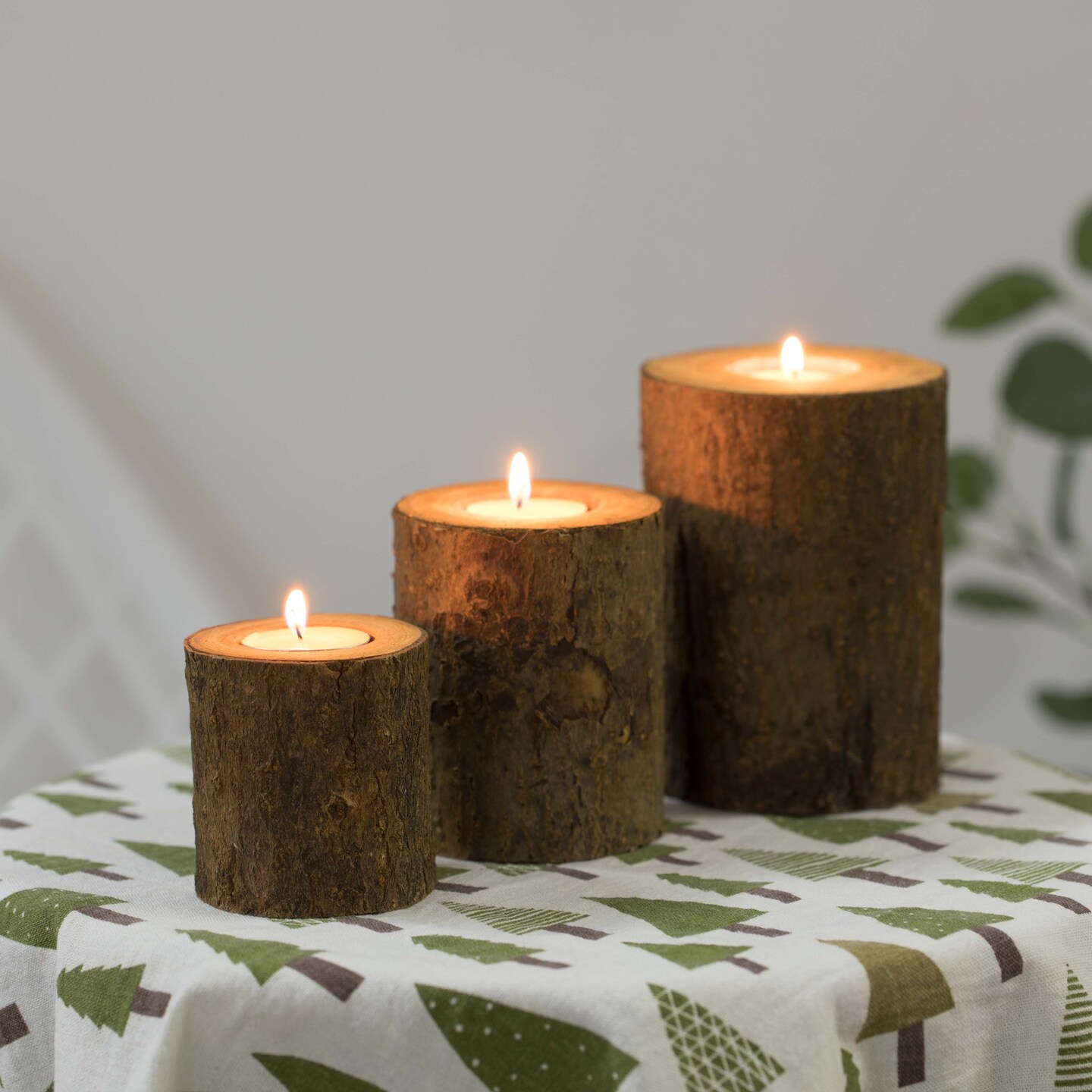Bark Wooden Pillar Tree Stump Tea Light Rustic Candle Holder - Set of 3