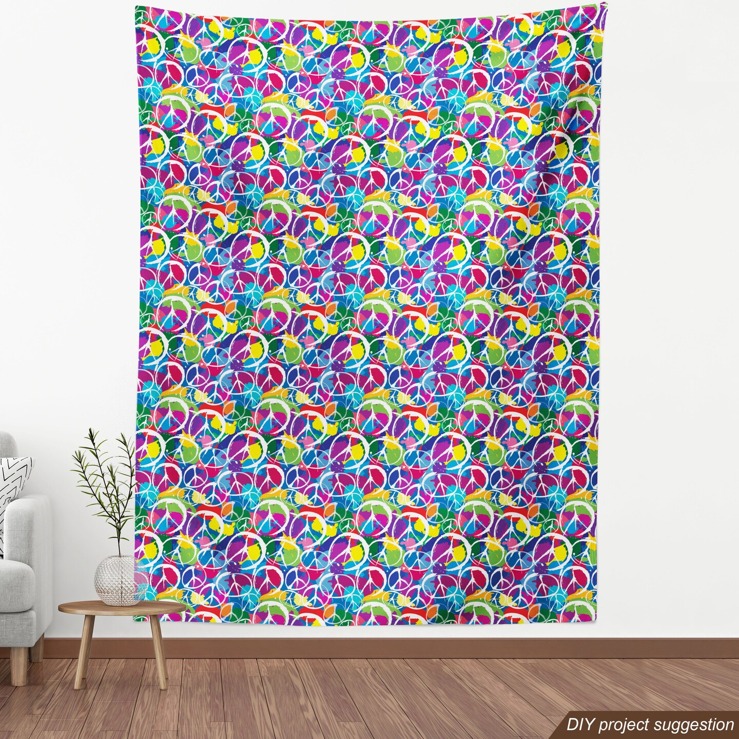 Ambesonne Retro Fabric by The Yard, Universal Peace Sign on Colorful Pop Art Style Background Pacifist Activism, Decorative Fabric for Upholstery and Home Accents, 3 Yards, Purple Blue