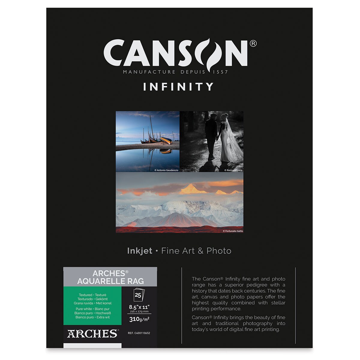 Canson Infinity Arches Aquarelle Rag Inkjet Paper - 8-1/2&#x22; x 11&#x22;, 310 gsm, Package of 25