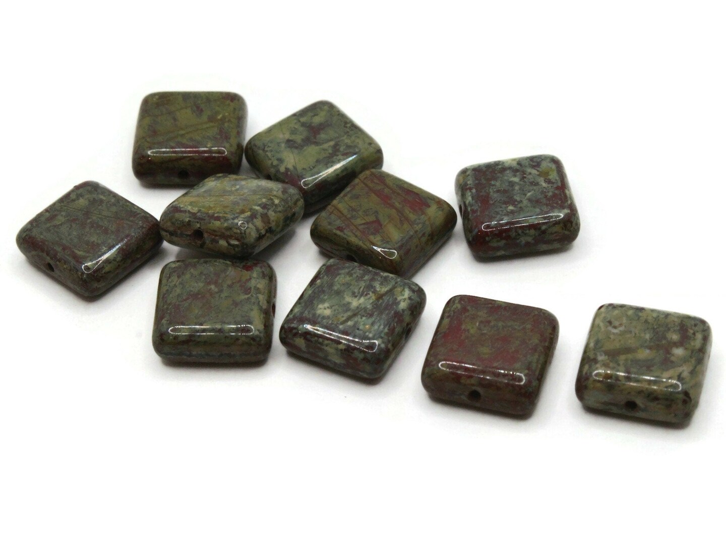 10 10mm Green, Red and Cream Square Glass Stone Look Beads