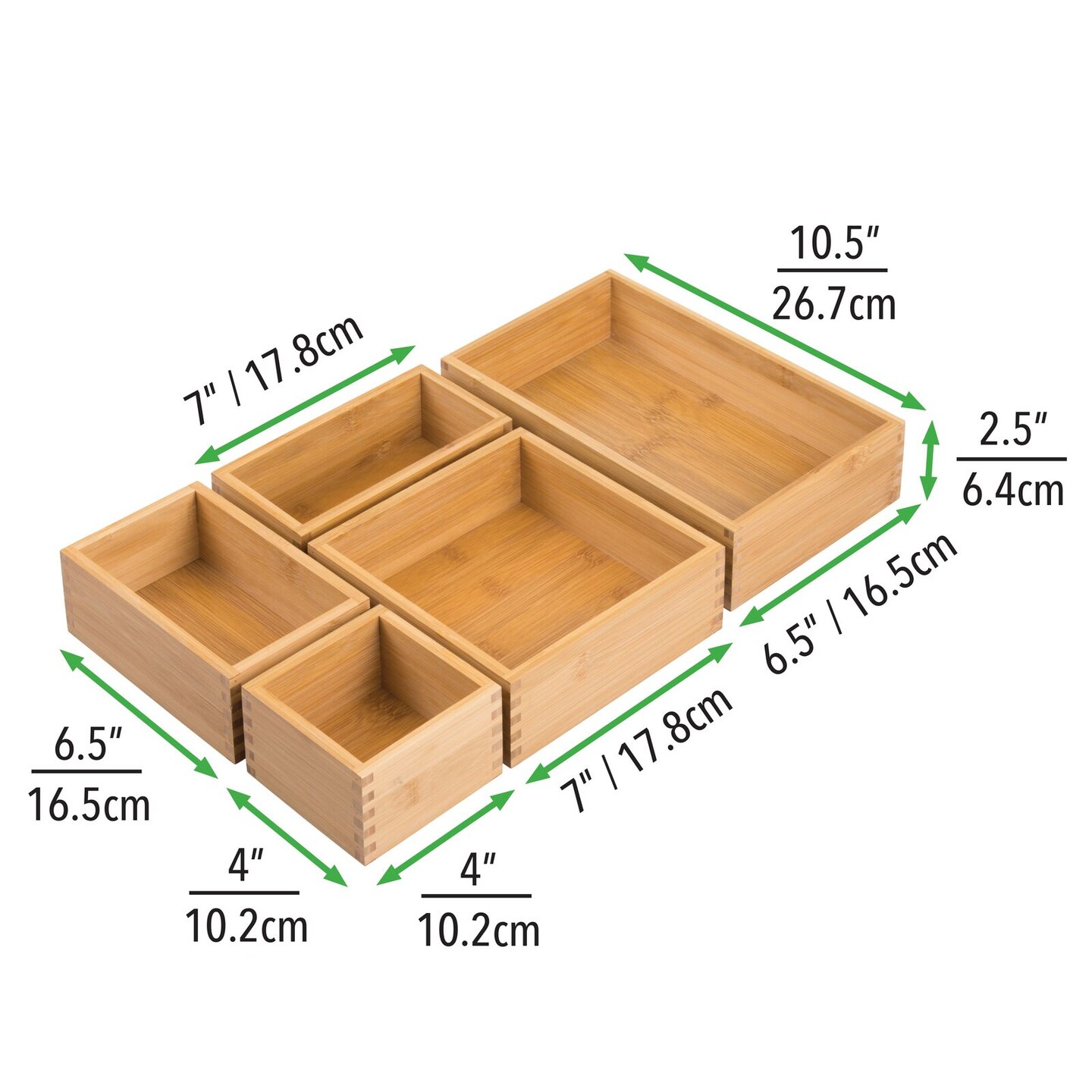 mDesign Bamboo Wood Kitchen Drawer Organizer Tray Bins - Set of 5 - Natural