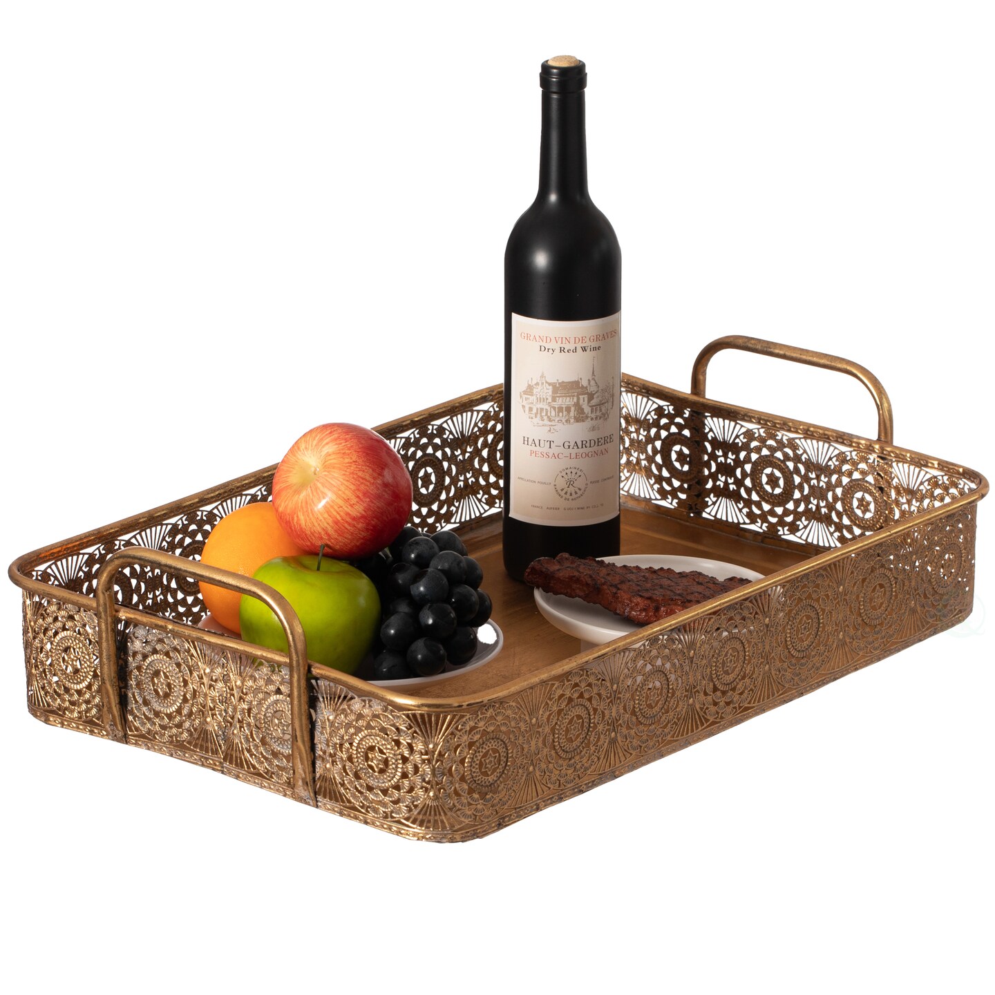 Metal Gold Rectangular Serving Tray with Oval Design and Handles