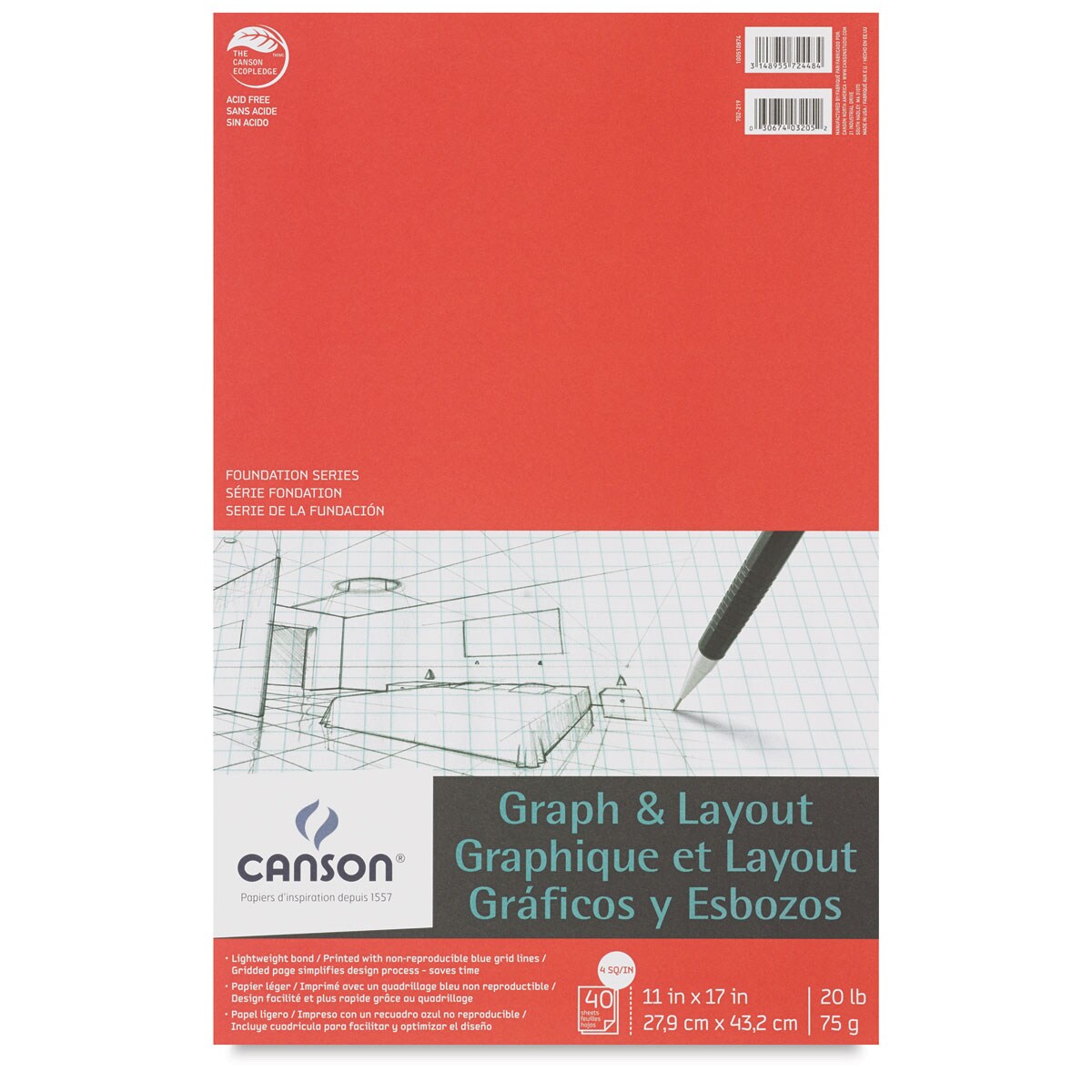 Canson Foundation Graph Pad - 11&#x22; x 17&#x22;, 4&#x22; x 4&#x22; Grid, 40 Sheets