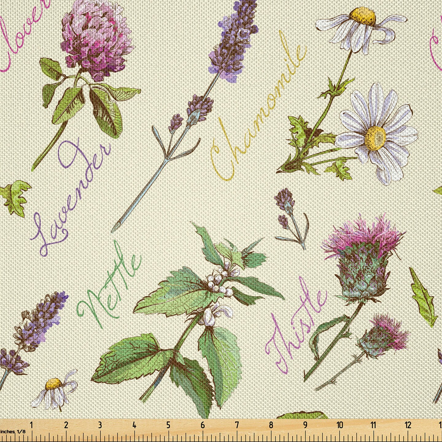 Ambesonne Thistle Fabric by The Yard, Vintage Pattern with Composition of Wildflowers and Herb Such as Lavender and Daisy, Decorative Satin Fabric for Home Textiles and Crafts, 5 Yards, Multicolor