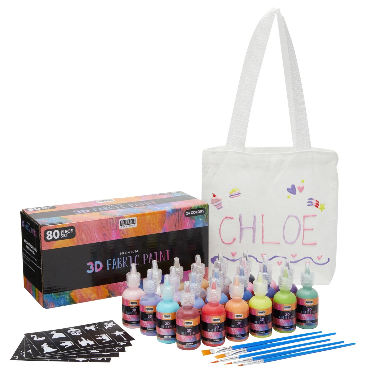 Permanent 3D Fabric Paint Set with 24 Colors (30ml), 5 Brushes