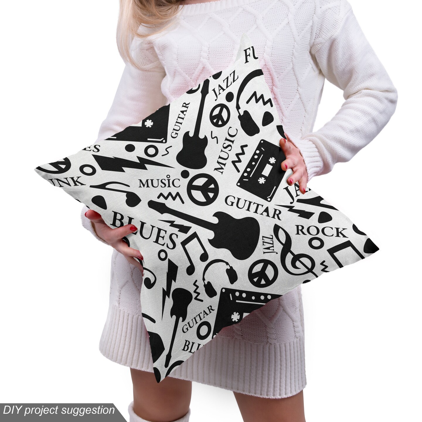 Ambesonne Music Fabric by The Yard, Blues Jazz Punk Rock Various Type of Folk Indie Rap Reggae Peace Sign Sing Art, Decorative Fabric for Upholstery and Home Accents, 1 Yard, Black and White