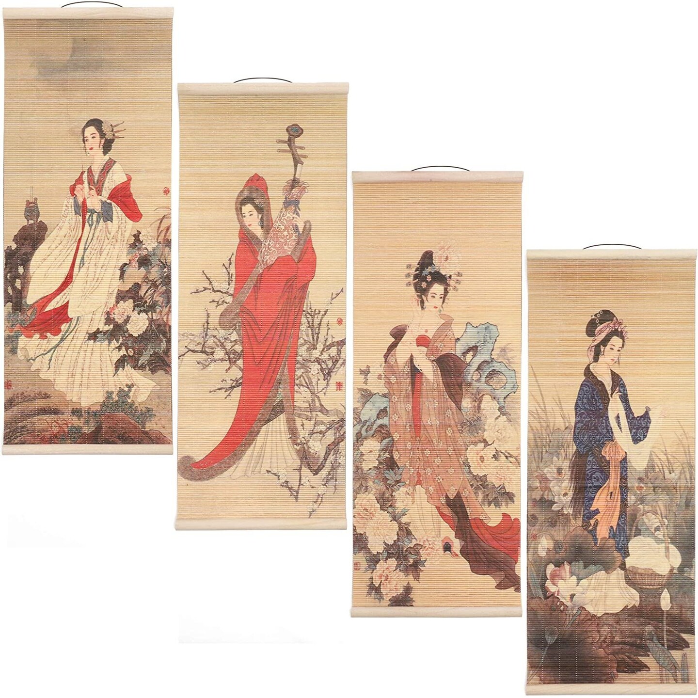 4 Pack Hanging Chinese Painting Wall Scroll for Chinese Room Decor (10 x 26 In)