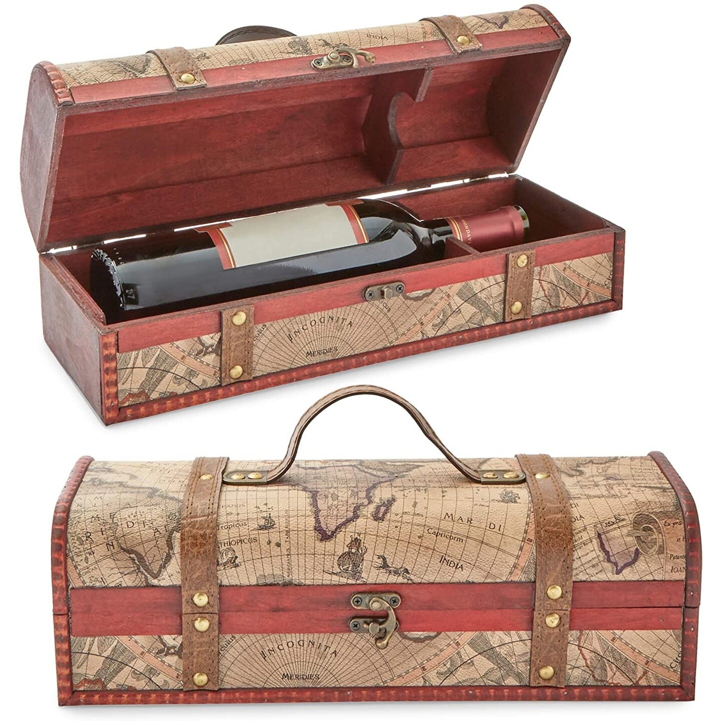 Treasure Chest Wooden Wine Bottle Box with Lid, Decorative Map Storage
