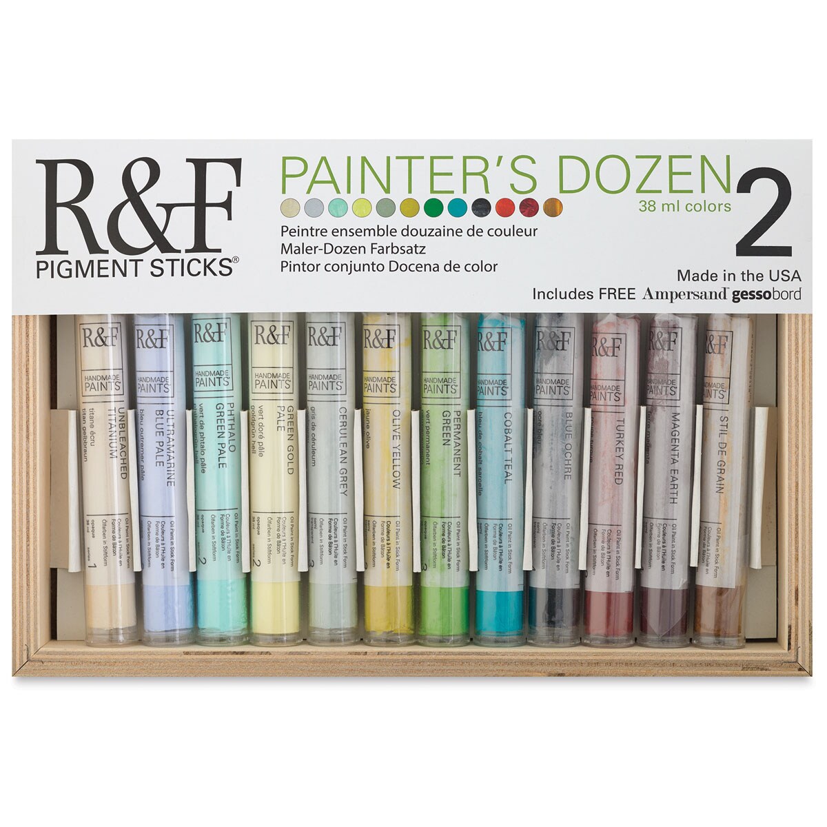 R&F Pigment Sticks - Set of 12 with Gessobord, Painter's Dozen II, 38 ml