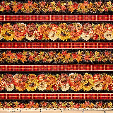 Timeless Treasures Metallic Autumn Harvest Leaves Mums Border Stripe ...