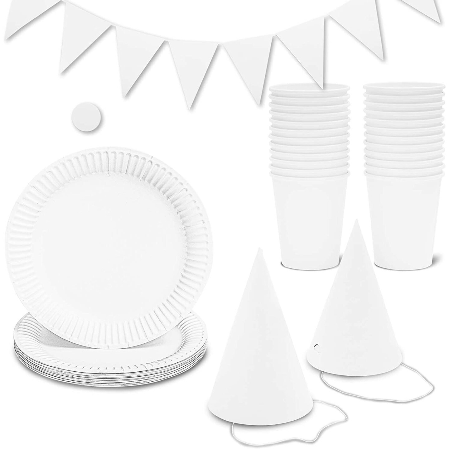 Serves 24 Plain White Party Supplies Set for Kids Birthday Decorations Favors, Blank DIY Paper Plates, Cups, Banner &#x26; Hats