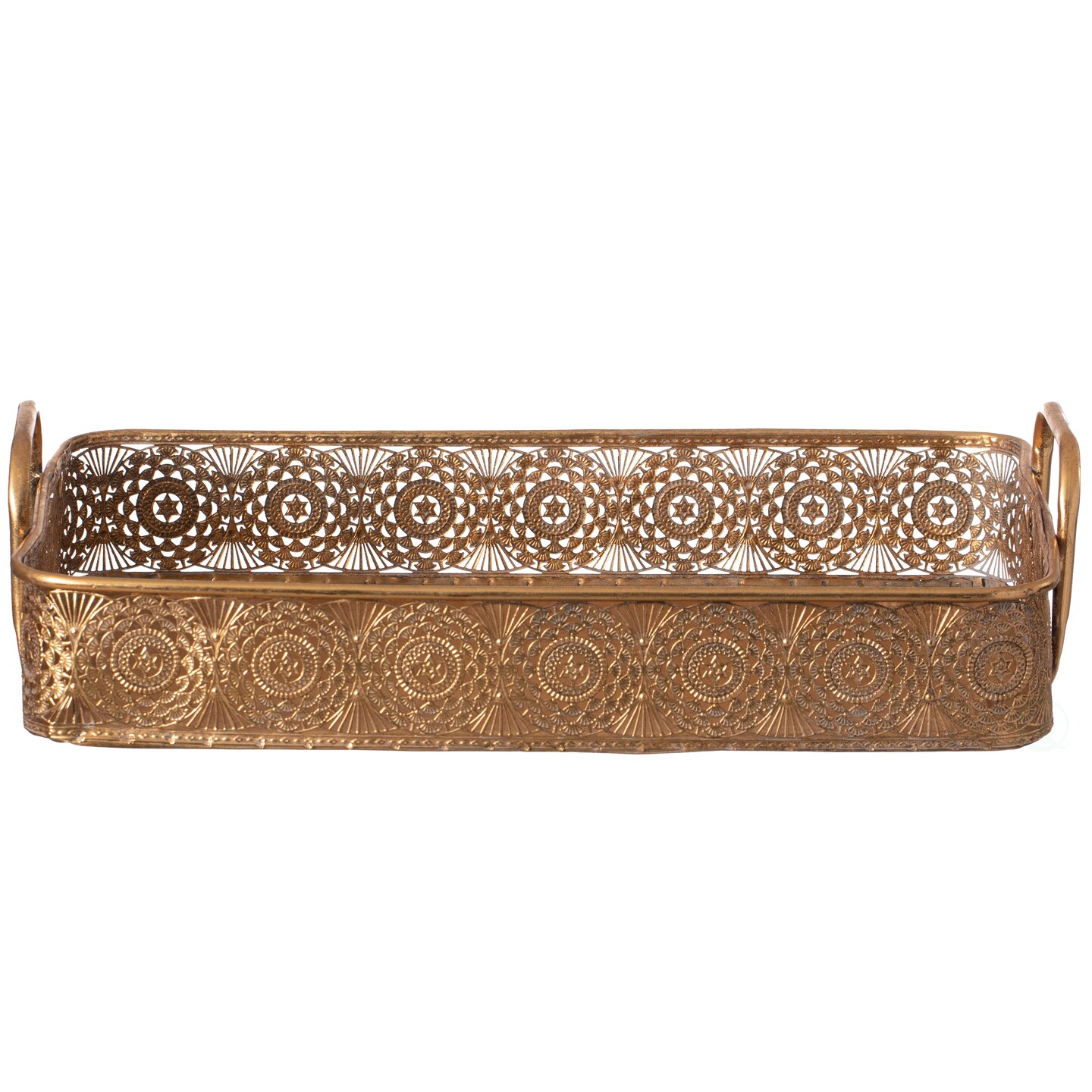 Metal Gold Rectangular Serving Tray with Oval Design and Handles