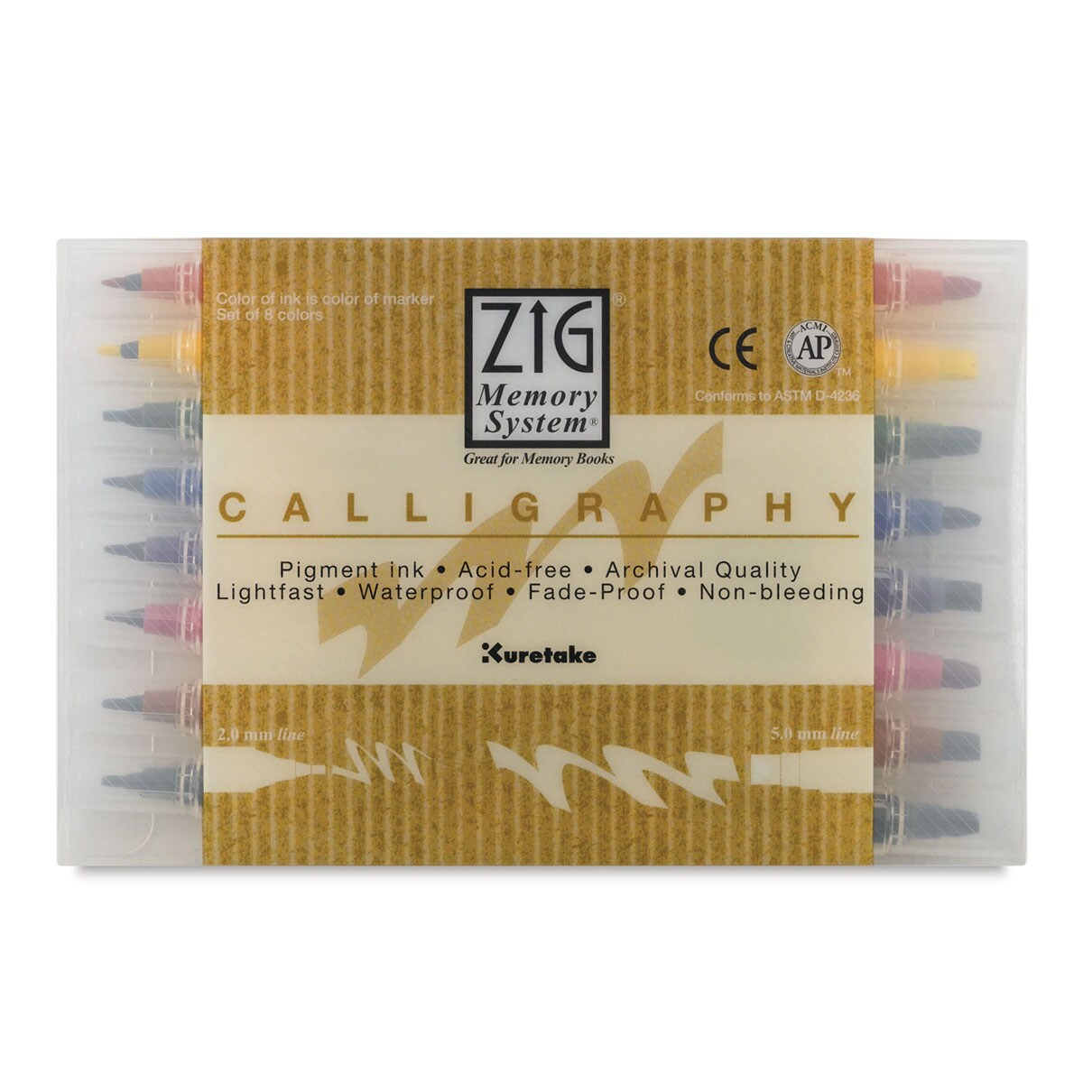 Kuretake Zig Memory System Twin Tip Calligraphy Markers - Set of 8, 2.0 mm/5.0 mm Tips