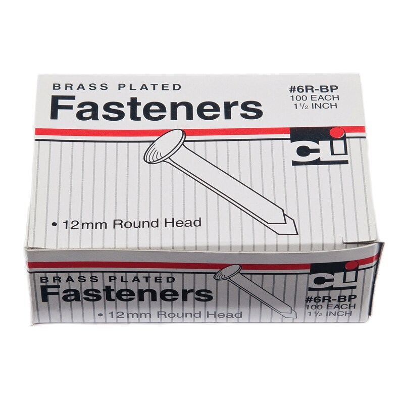 Paper Fasteners, Round Head, Brass Plated 1-1/4 Inches Shank, 12 mm Head,  100/Box