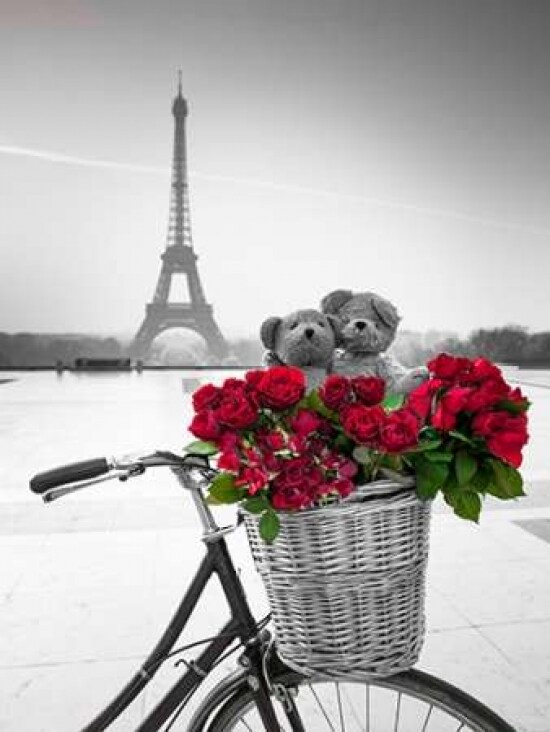 Teddy Bears and bunch of red roses on bicycle with Eiffel tower in the background Poster Print by  Assaf Frank - Item # VARPDXAF20120314208C05