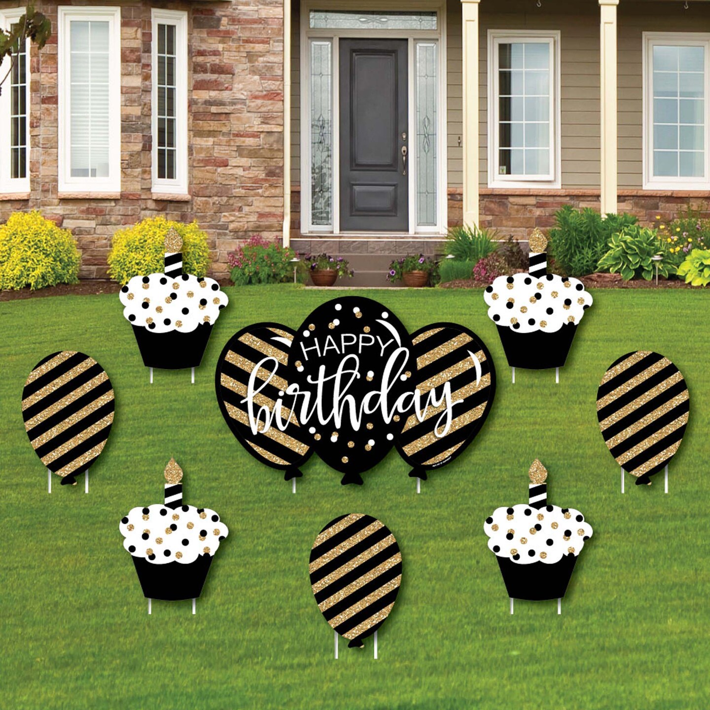 Big Dot of Happiness Adult Happy Birthday - Gold - Cupcake and Balloon Yard Sign & Outdoor Lawn Decorations - Birthday Yard Signs - Set of 8