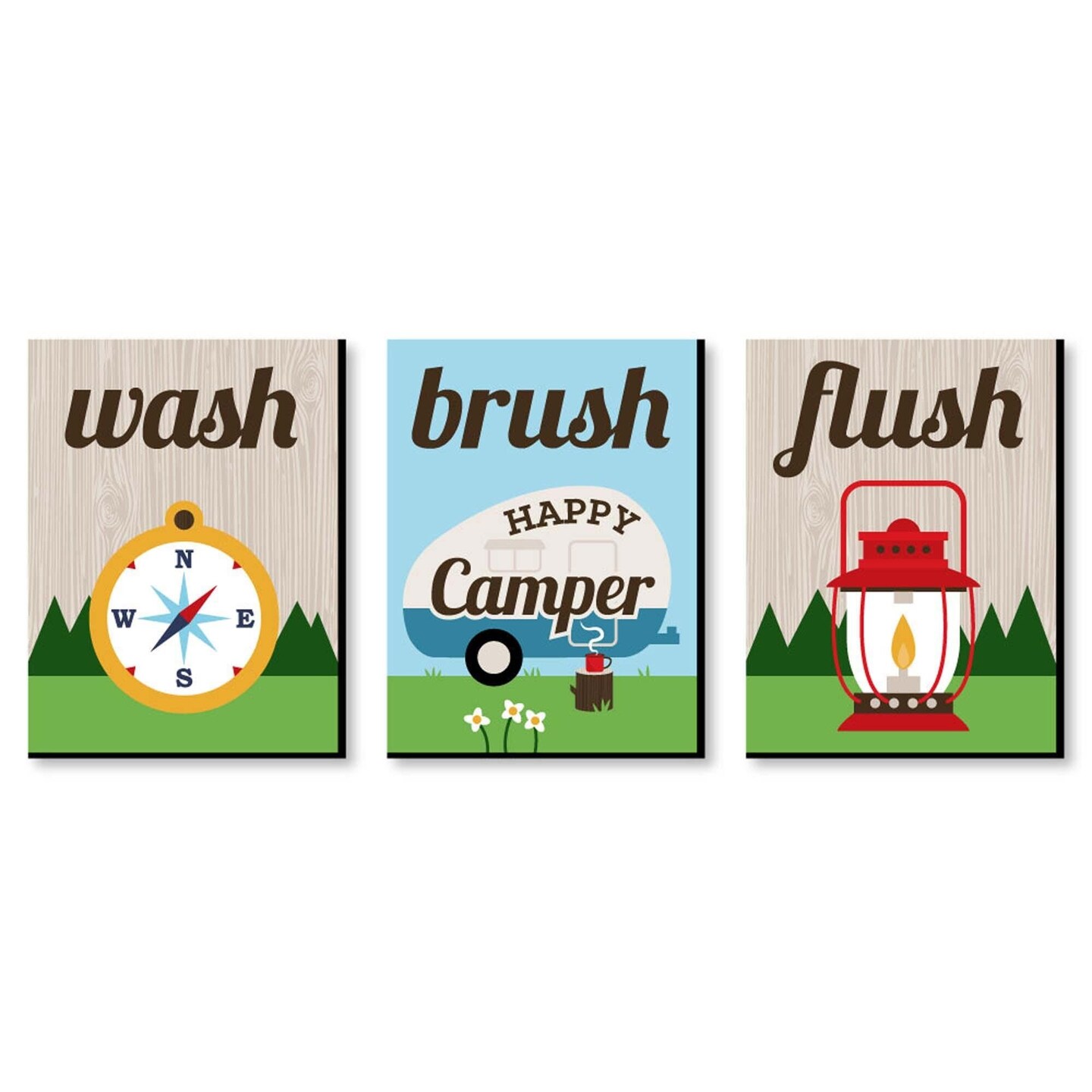 Big Dot of Happiness Happy Camper - Kids Bathroom Rules Wall Art - 7.5 x 10 inches - Set of 3 Signs - Wash, Brush, Flush