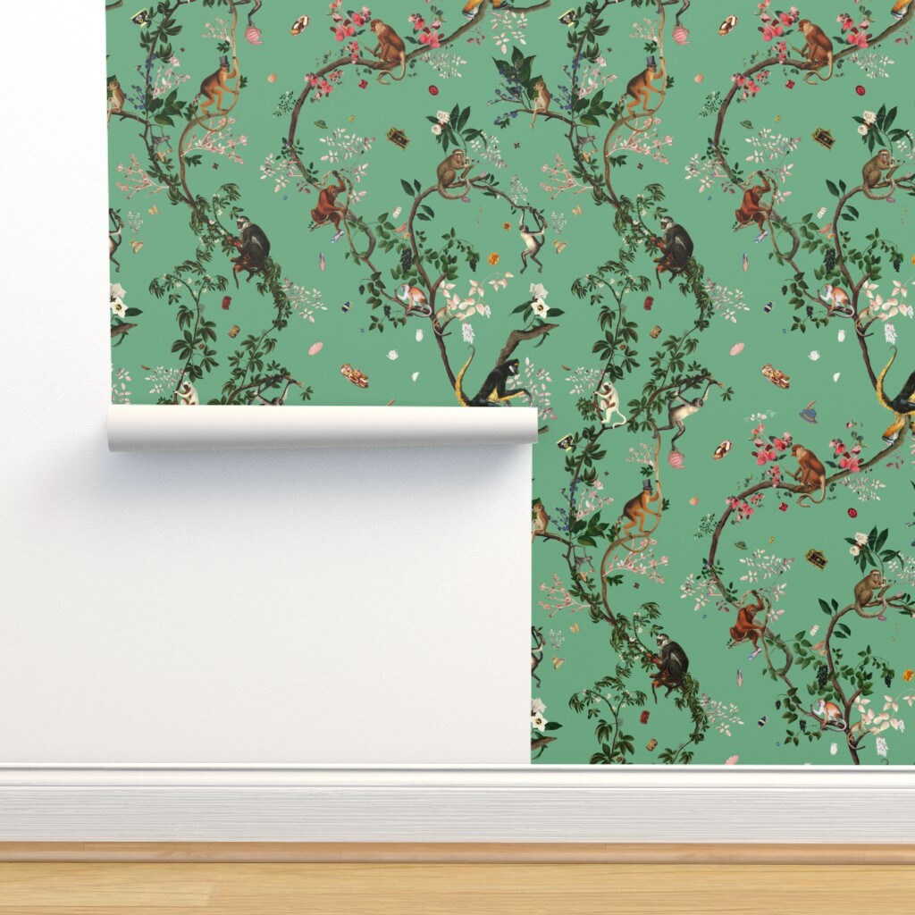 Glam Chinoiserie Vintage Style Monkey Jungle Jade Green Cottagecore Grandmillennial Custom Removable Wallpaper by Spoonflower Peel & Stick Wallpaper 2FT Wide