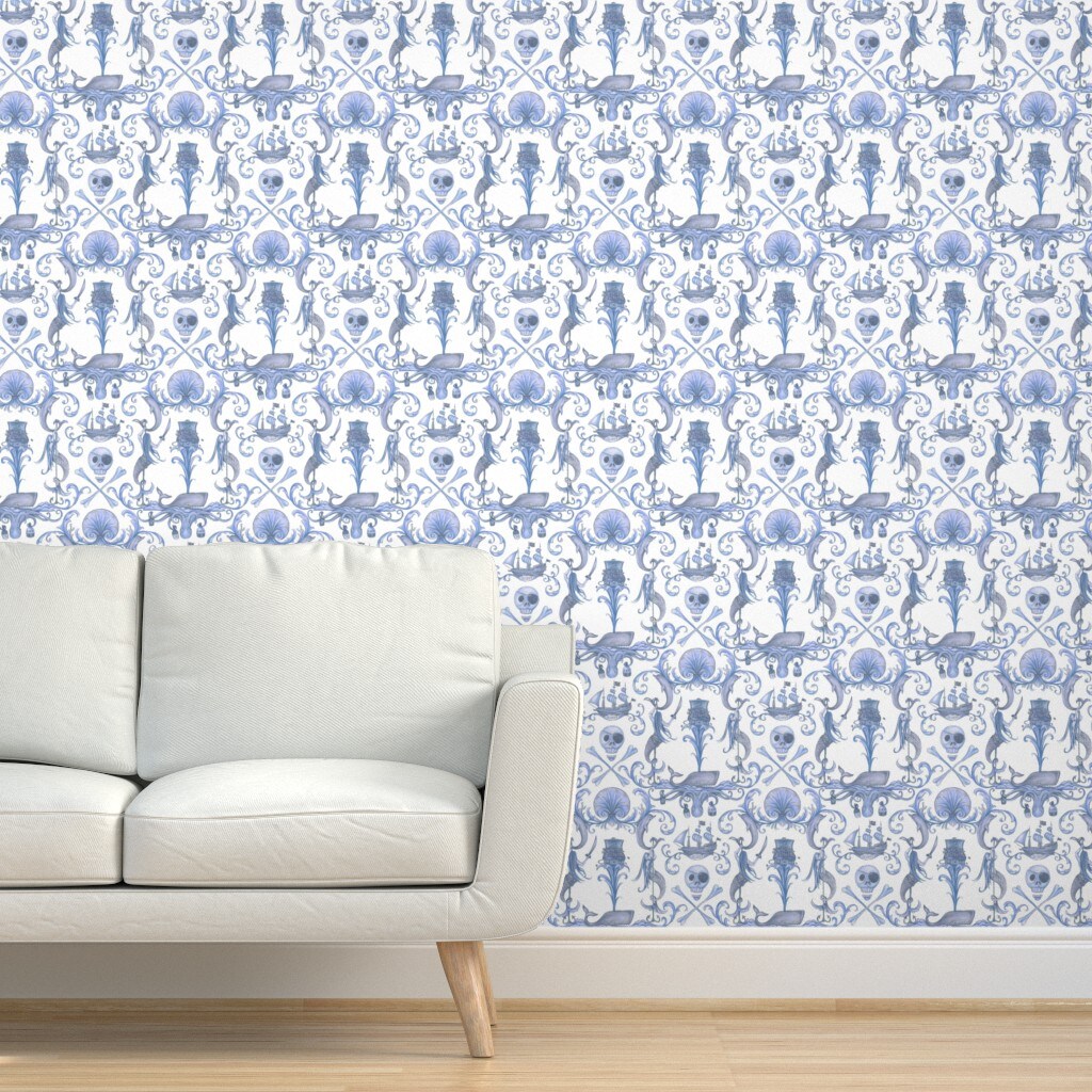 Pre-Pasted Wallpaper 2FT Wide Antique Blue Pirate Octopus Skull Dolphin Mermaid Whale Shell Whimsical Vintage Era Custom Pre-pasted Wallpaper by Spoonflower
