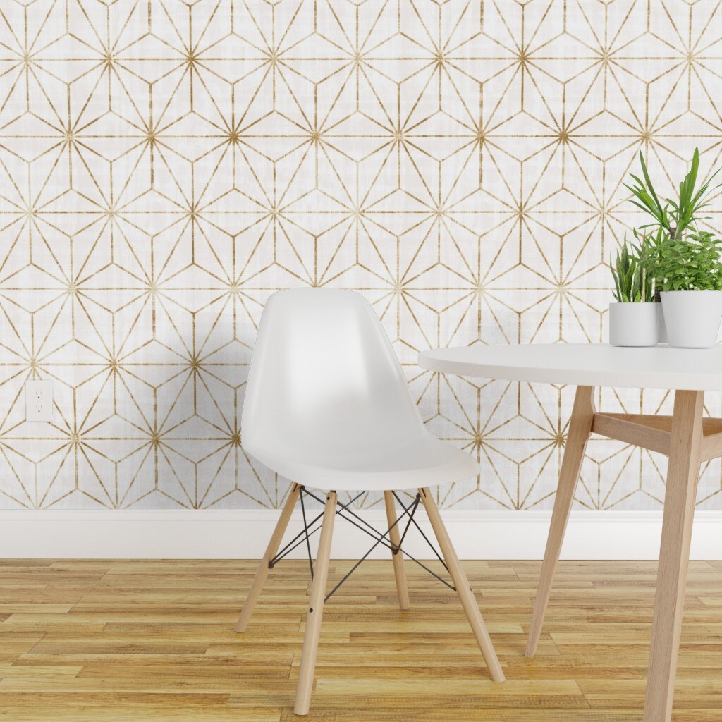 Pre-Pasted Wallpaper 2FT Wide Geometric Stars Faux Gold Look Shibori Triangles Boho Abstract Distressed Custom Pre-pasted Wallpaper by Spoonflower