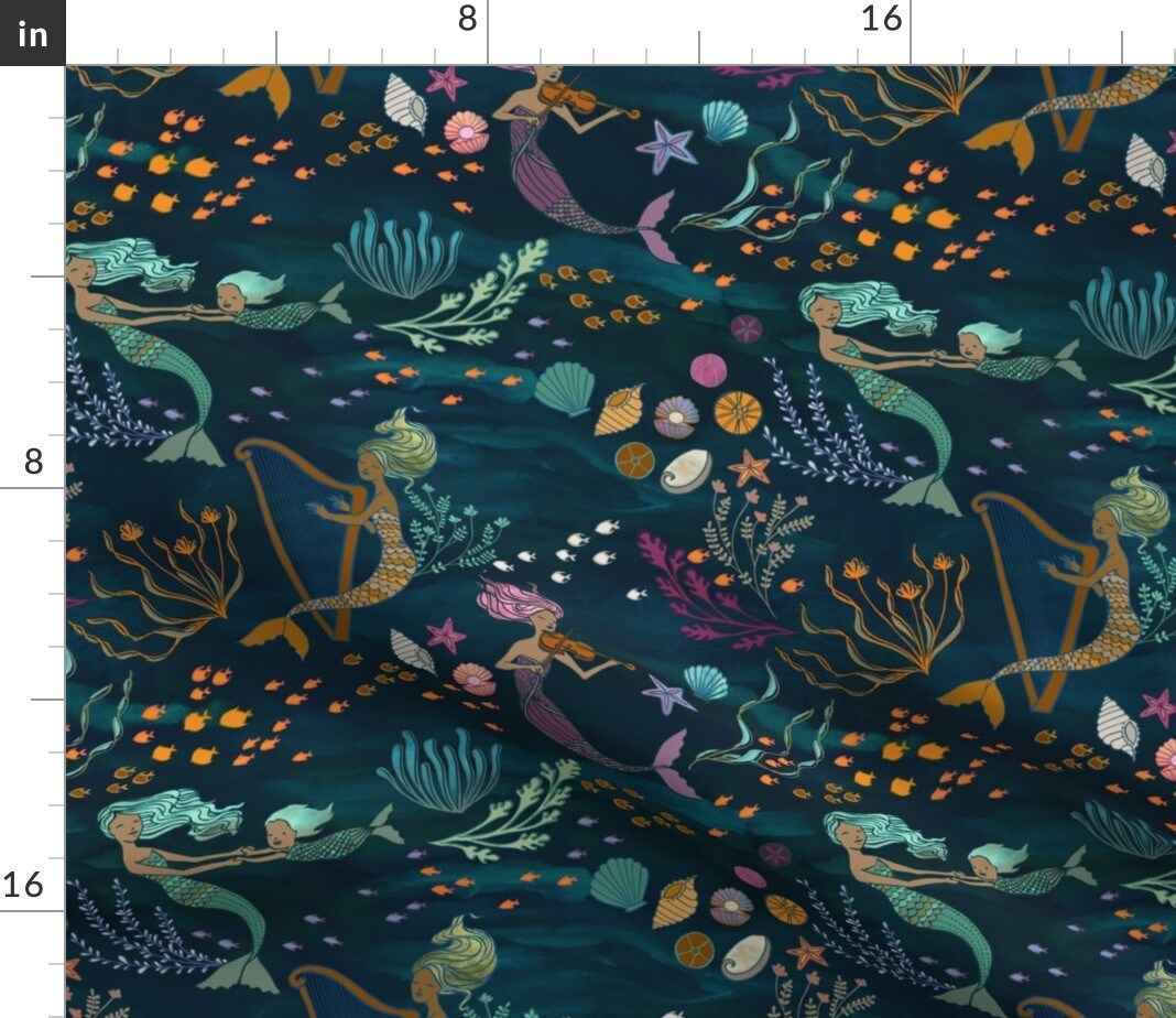 Mermaid Dark Teal Girls Fantasy Magic Underwater Under The Sea Instruments Fairy Children Ocean Custom Printed Fabric by Spoonflower Various Fabrics by the Yard or Fat Quarter