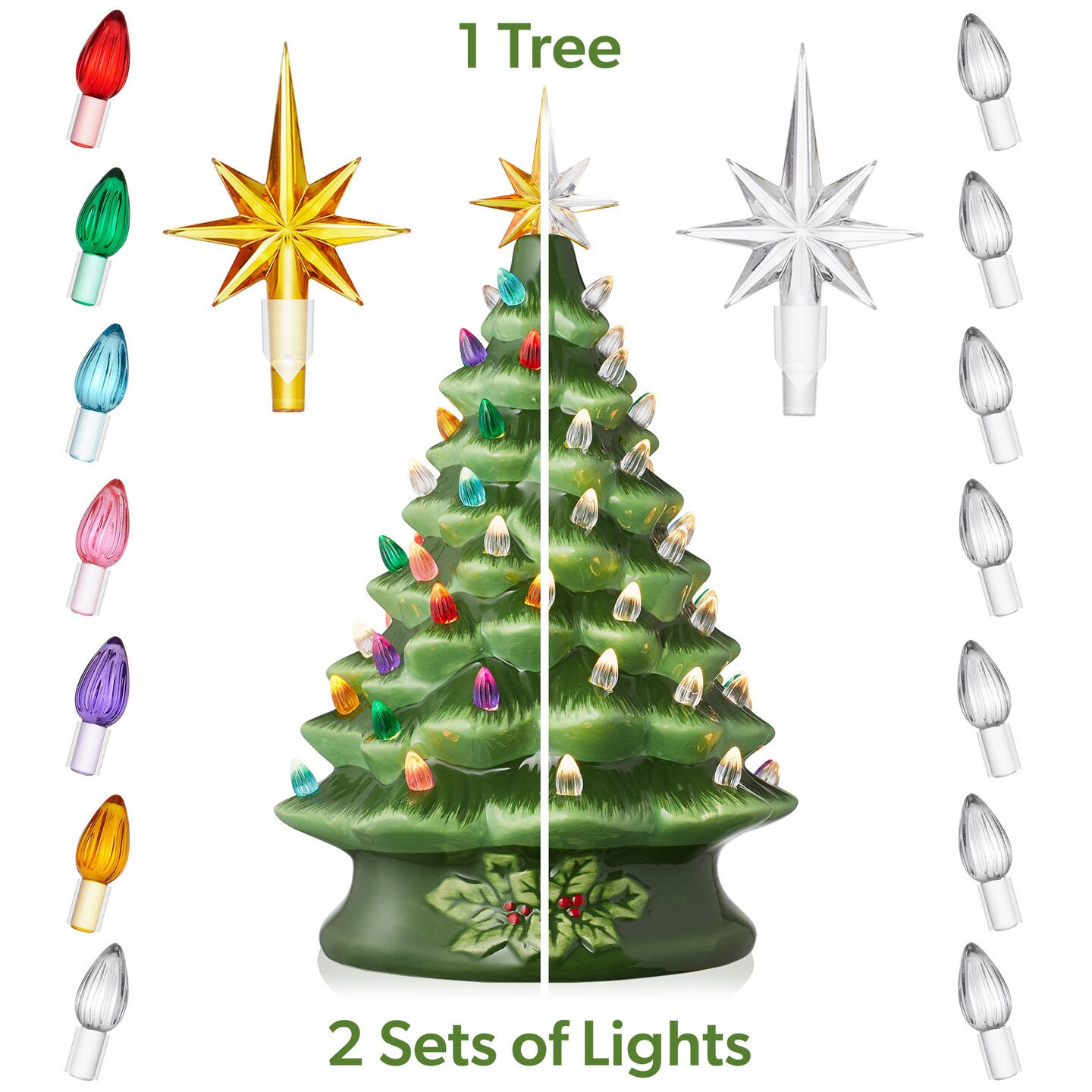 Casafield Hand Painted Ceramic Christmas Tree, Green 15-Inch Pre-Lit Tree with 128 Multi Color Lights and 2 Star Toppers