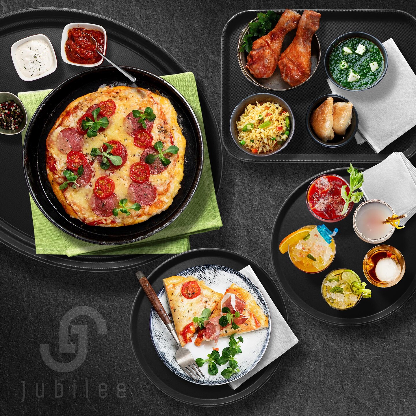 Jubilee (Set of 4) Round Restaurant Serving Trays - NSF Certified Non-Slip Food Service Tray