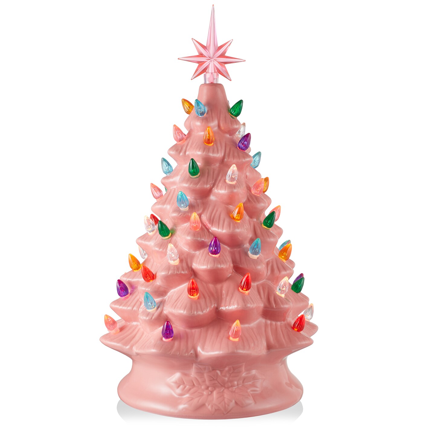 Casafield Hand Painted Ceramic Christmas Tree, Pink 15-Inch Pre-Lit Tree with 128 Multi Color Lights and 2 Star Toppers